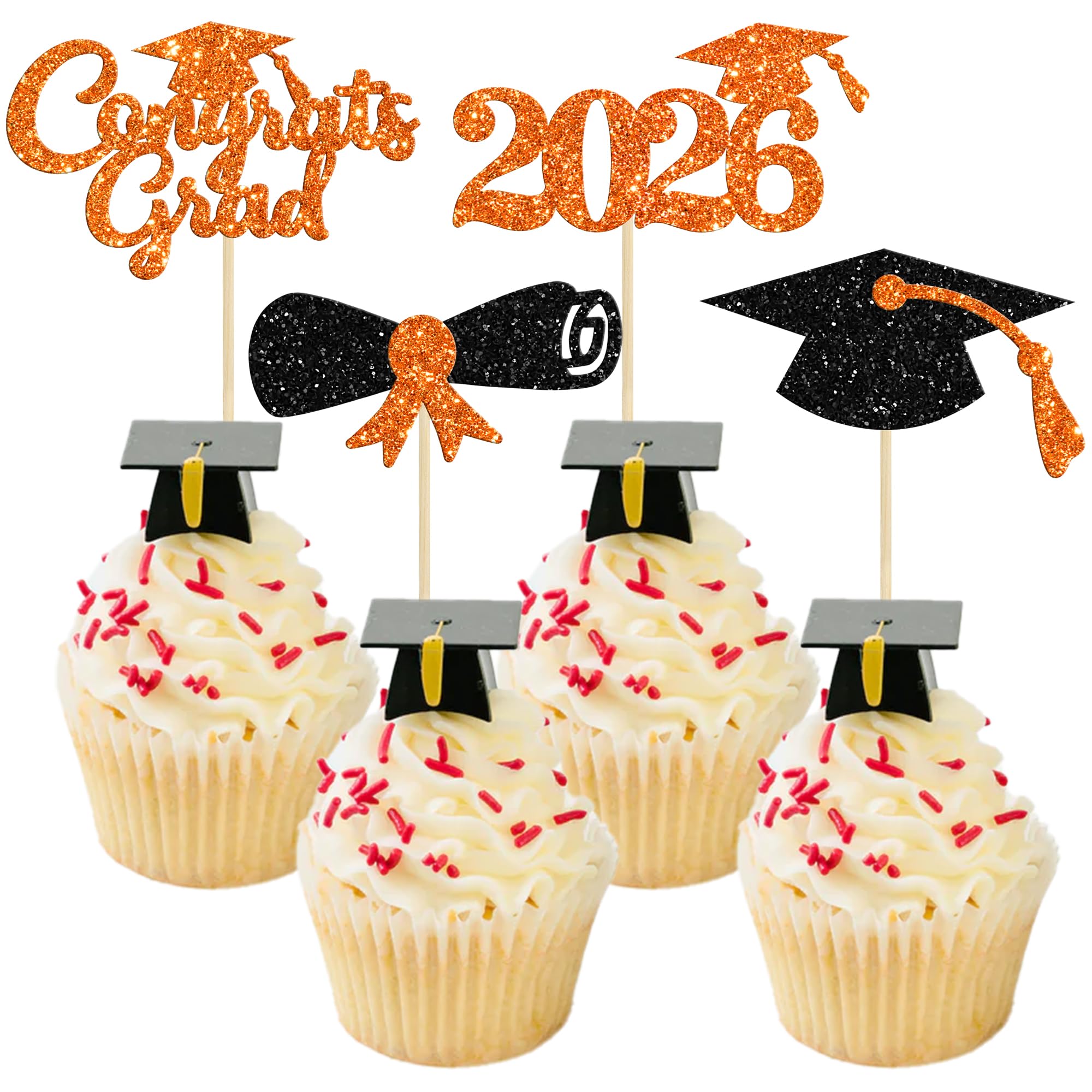 Gyufise 24Pcs Orange Glitter Congrats Grad 2026 Graduation Cupcake Toppers 2026 Diploma Cap Cupcake Picks Class of 2026 Cake Decorations for 2026 Graduation Theme Party Cake Supplies