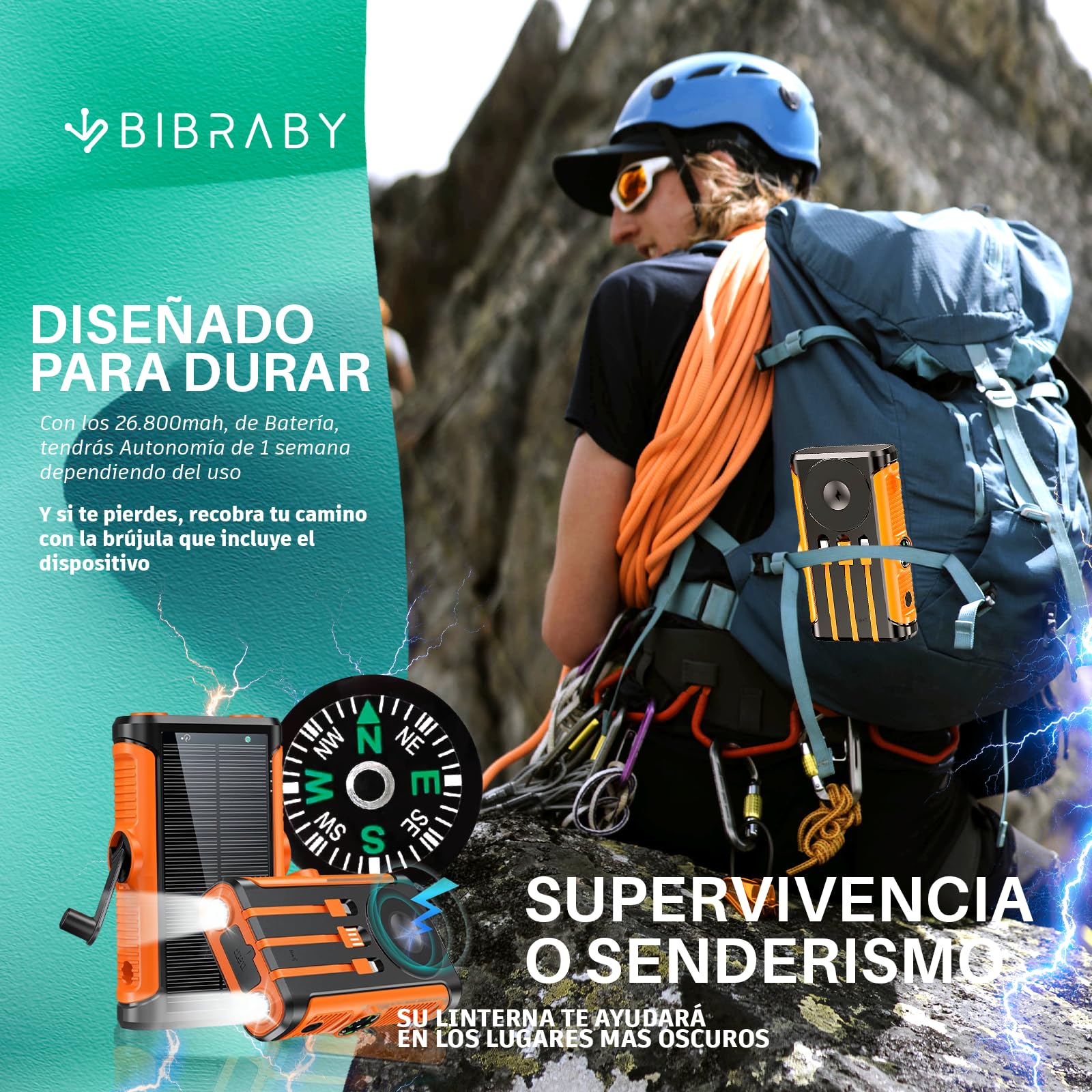 Super Power Bank Solar INALÁMBRICA 3 En 1 De 26800mAh + Manivela para Recarga De Emergencia + 5 Puertos De Carga Rápida 22,5W | Cargador Solar | Cargador Portatil |Bateria Solar Portatil