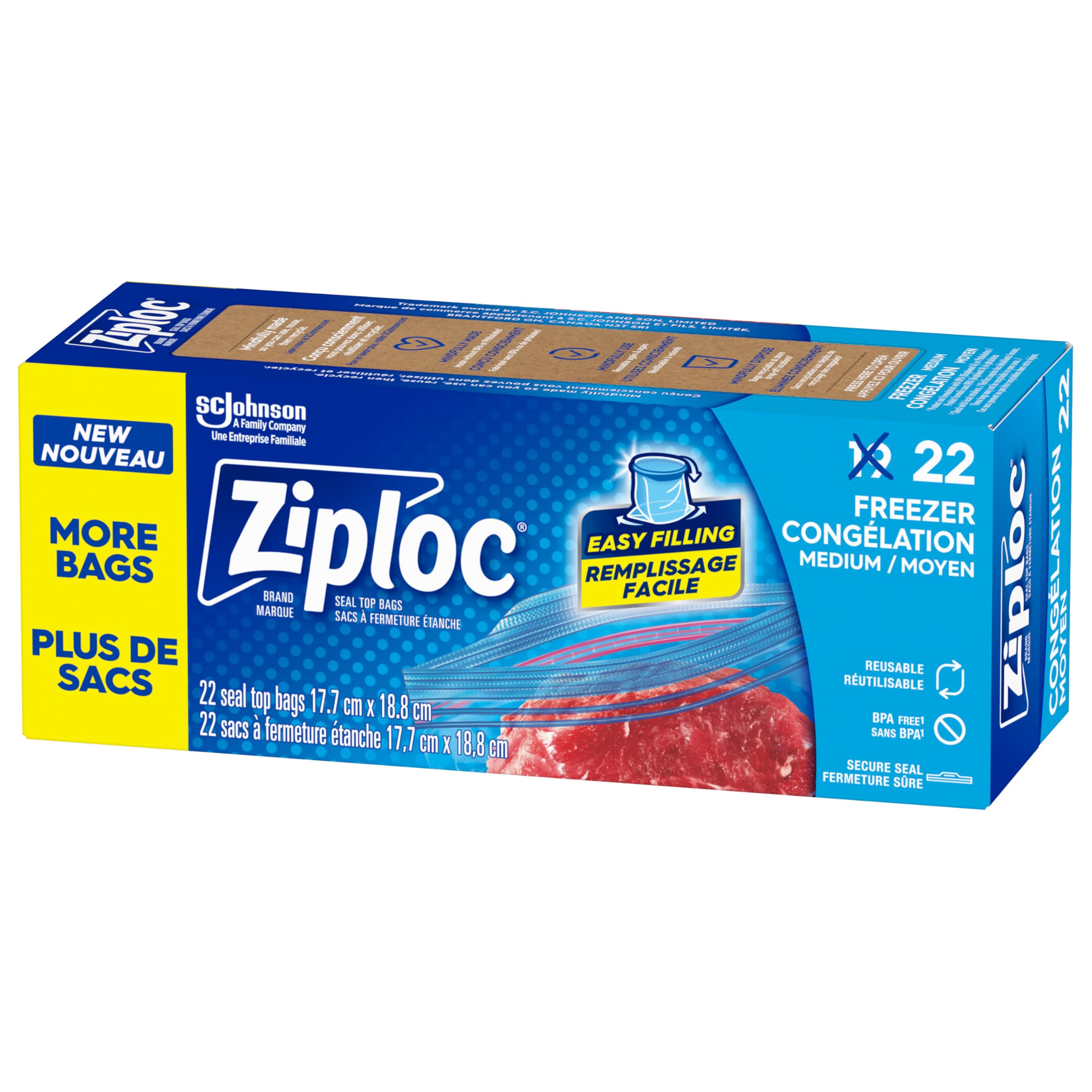 Ziploc Medium Food Storage Freezer Bags, Grip 'n Seal Technology for Easier Grip, Open and Close, 19 Count