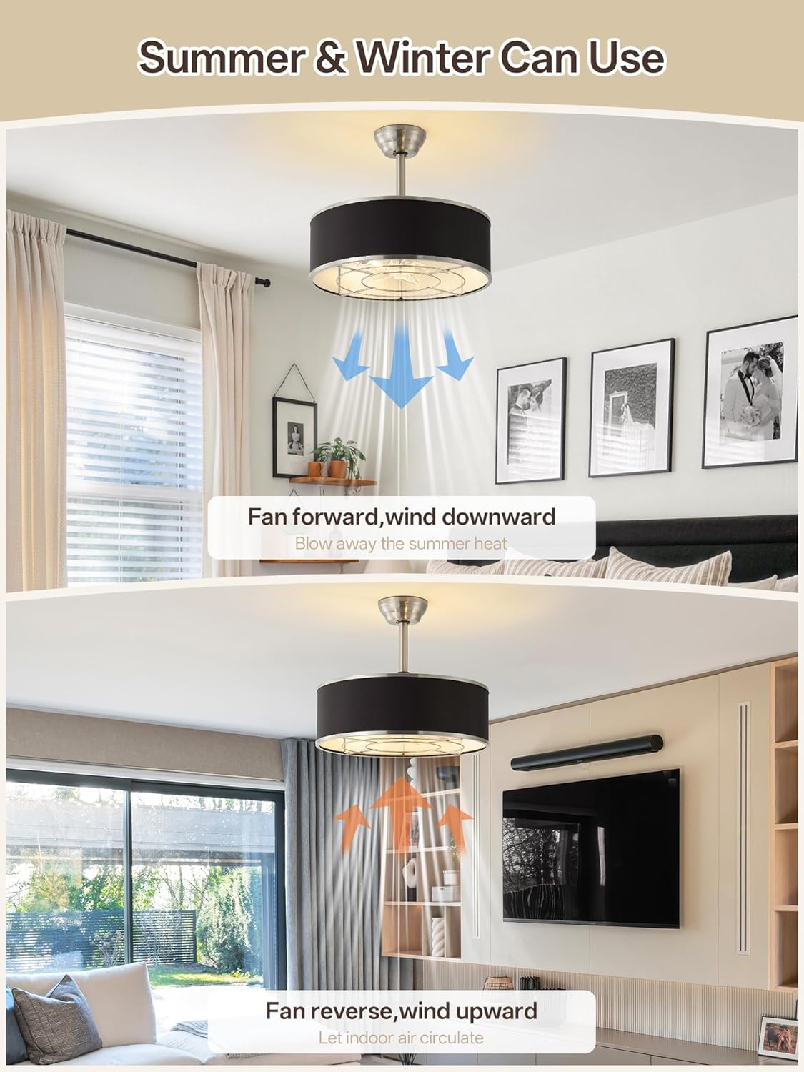 20" Black and Sliver Caged Boho Fandelier Ceiling Fan with Light & Remote Control - Bladeless Chandelier Fan, 6 Speed Quiet Reversible Motor for Bedroom, Nursery, Living Room