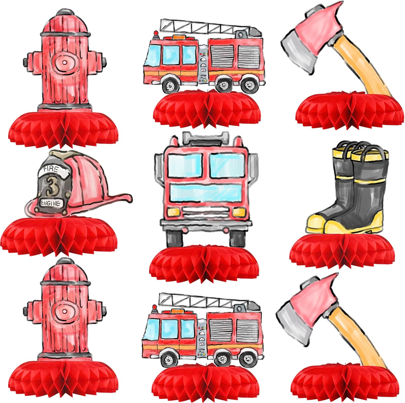 HaPiBiDesign Firetruck PartyTable Centerpieces - Firetruck Party Decoration - 12 PCS Firetruck Birthday Decorations - Fire Truck Party Favors for Kids