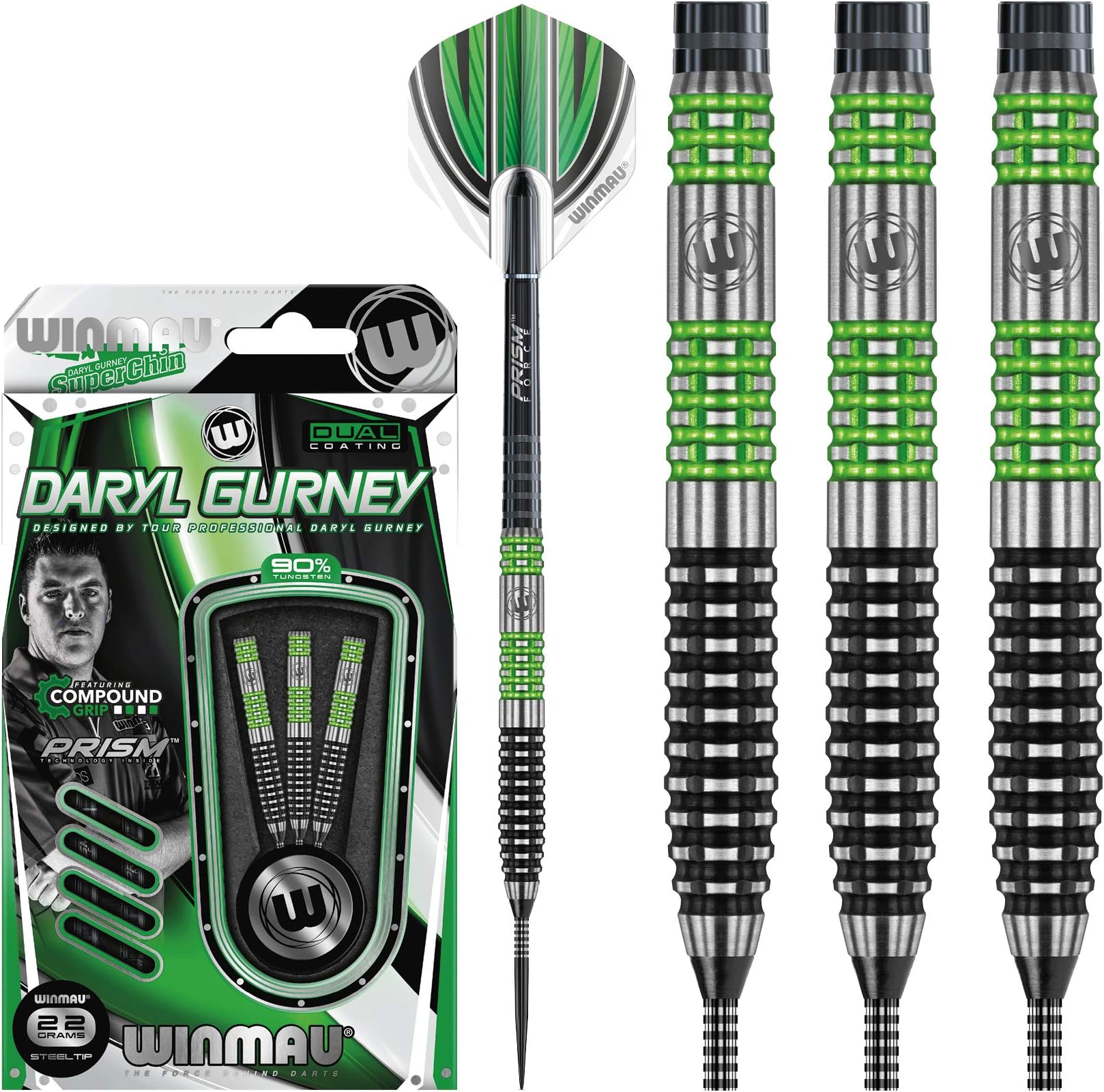 WINMAU Daryl Gurney Special Edition 90% Tungsten Steeltip Darts Set with Prism Flights and Prism Shafts (Stems)