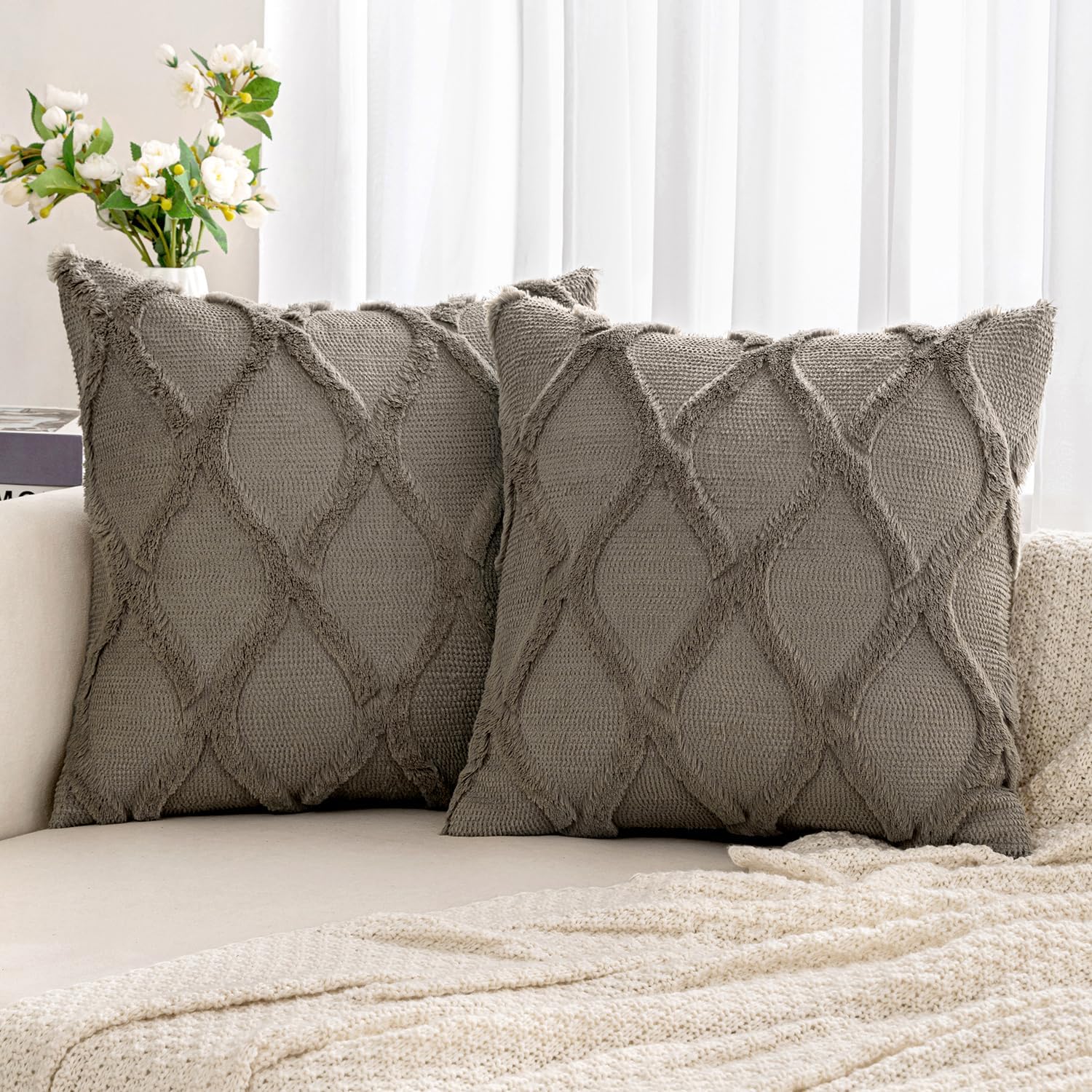 MIULEE Decorative Throw Pillow Covers Dark Grey 18x18 Inch Set of 2, Soft Plush Faux Wool Couch Cushion Covers Farmhouse Throw Pillows for Couch Bed Sofa Living Room