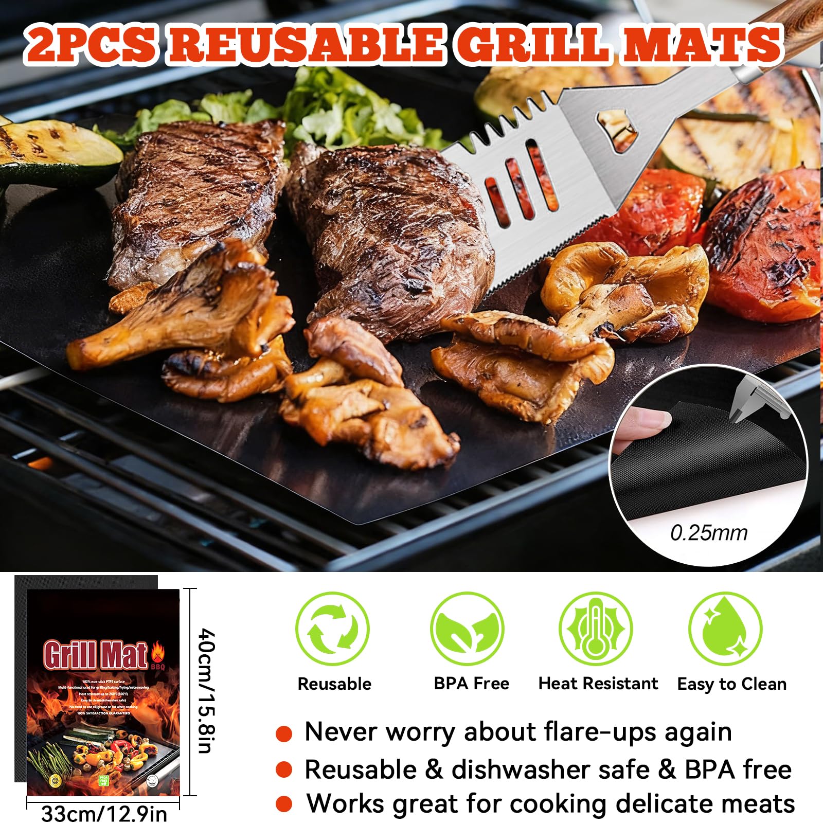 Kit Barbecue 34 Pièces, Ustensiles en Acier Inoxydable, avec Sac de Rangement et Tapis de Cuisson