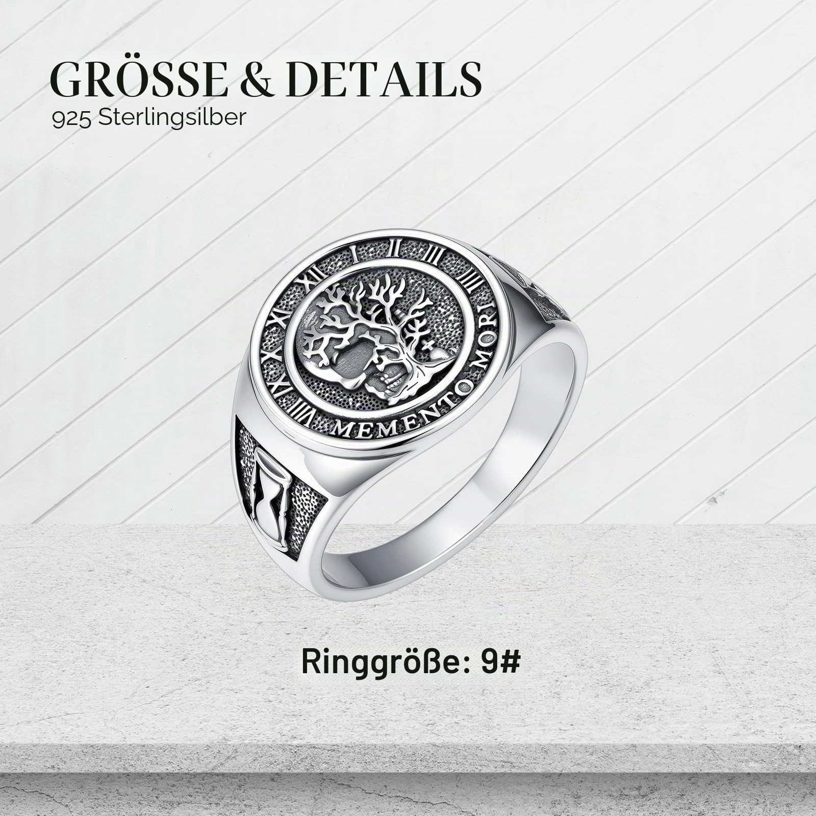 PROESS Memento Mori Totenkopf Ring 925 Sterling Silber Baum des Lebens Ring Memento Mori Schmuck Geschenk für Männer Frauen Unsex Jahrestag(Größe 9/10/11)