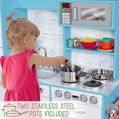 Miniatura 6 de Lil' Jumbl Juego de cocina para niños, cocina de madera de simulación, máquina de hielo y microondas con sonido realista, ollas y sartén incluidas,