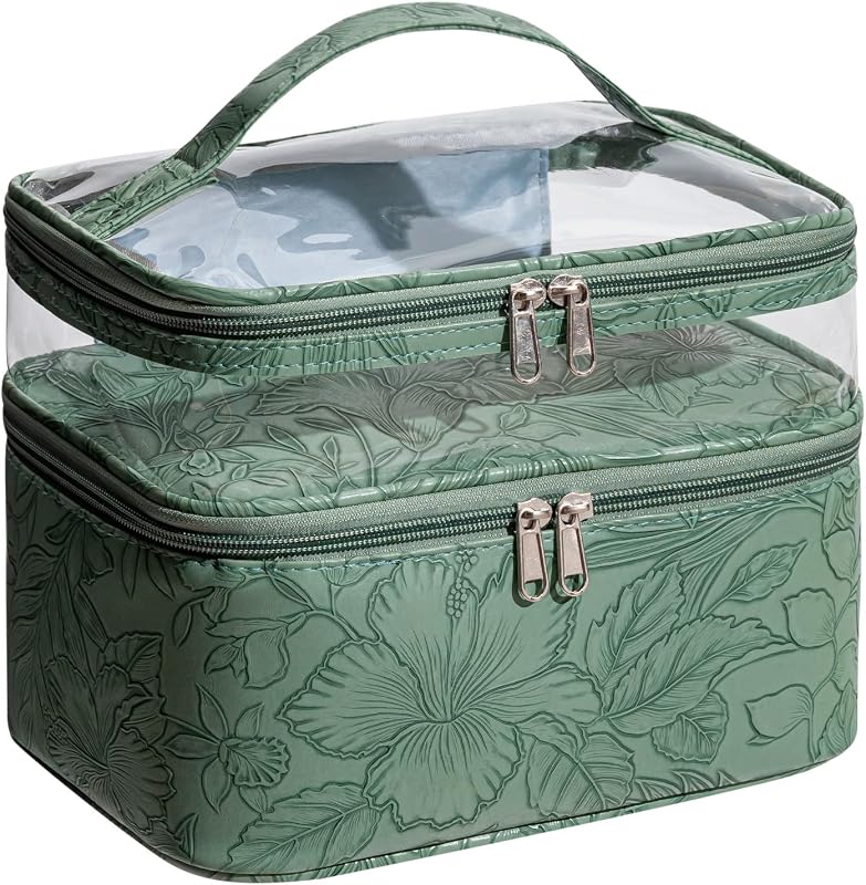 Necessaire de maquiagem JRQCSJY com dois compartimentos, porta-pincéis e alça portátil, verde