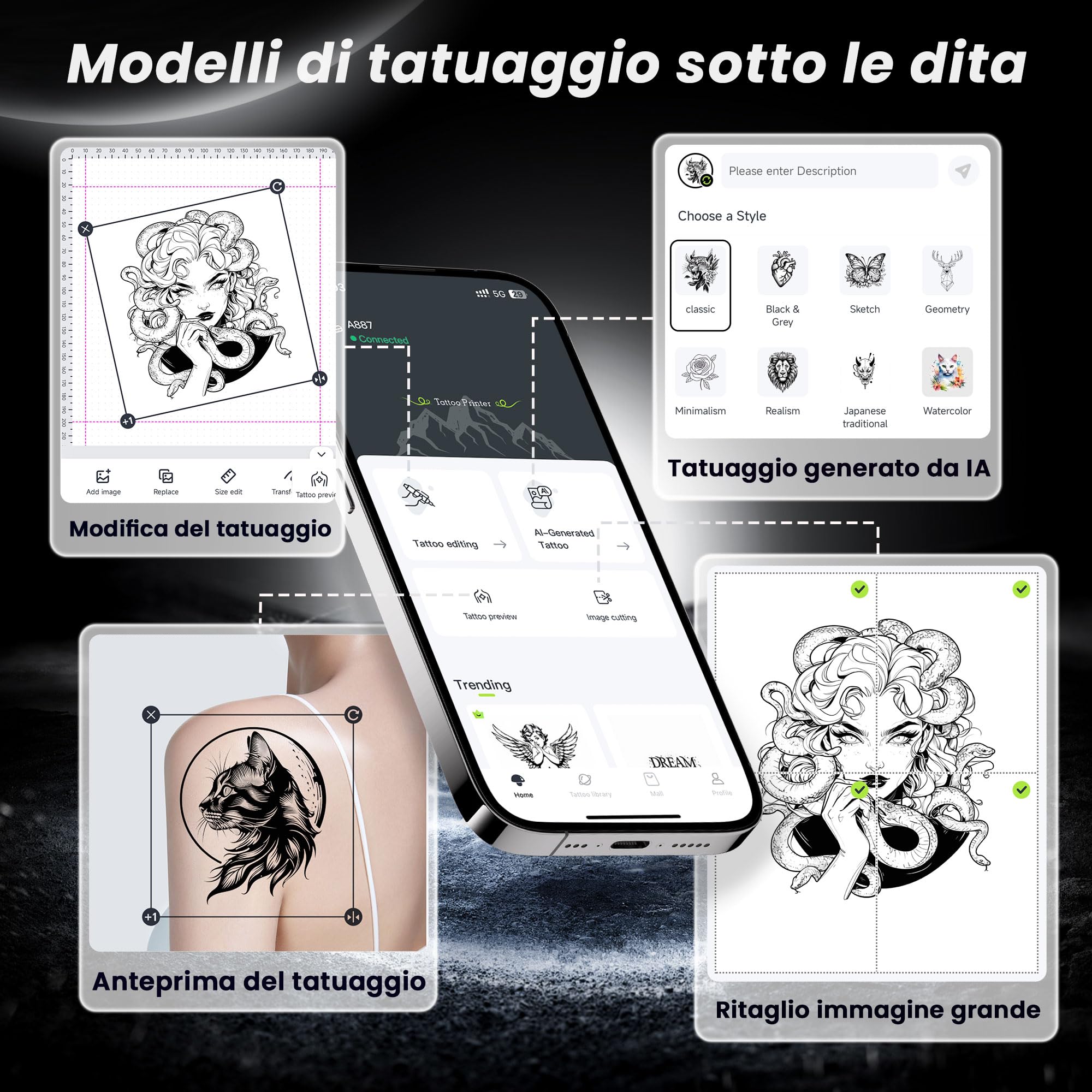 TATTMUSE Stampante Stencil Tattoo, Stampante Termica Tattoo con 10 Fogli di Carta Transfer per Tatuaggi, Stencil Machine per Artisti e Principianti, Bluetooth Compatibile con Smartphone & Tablet