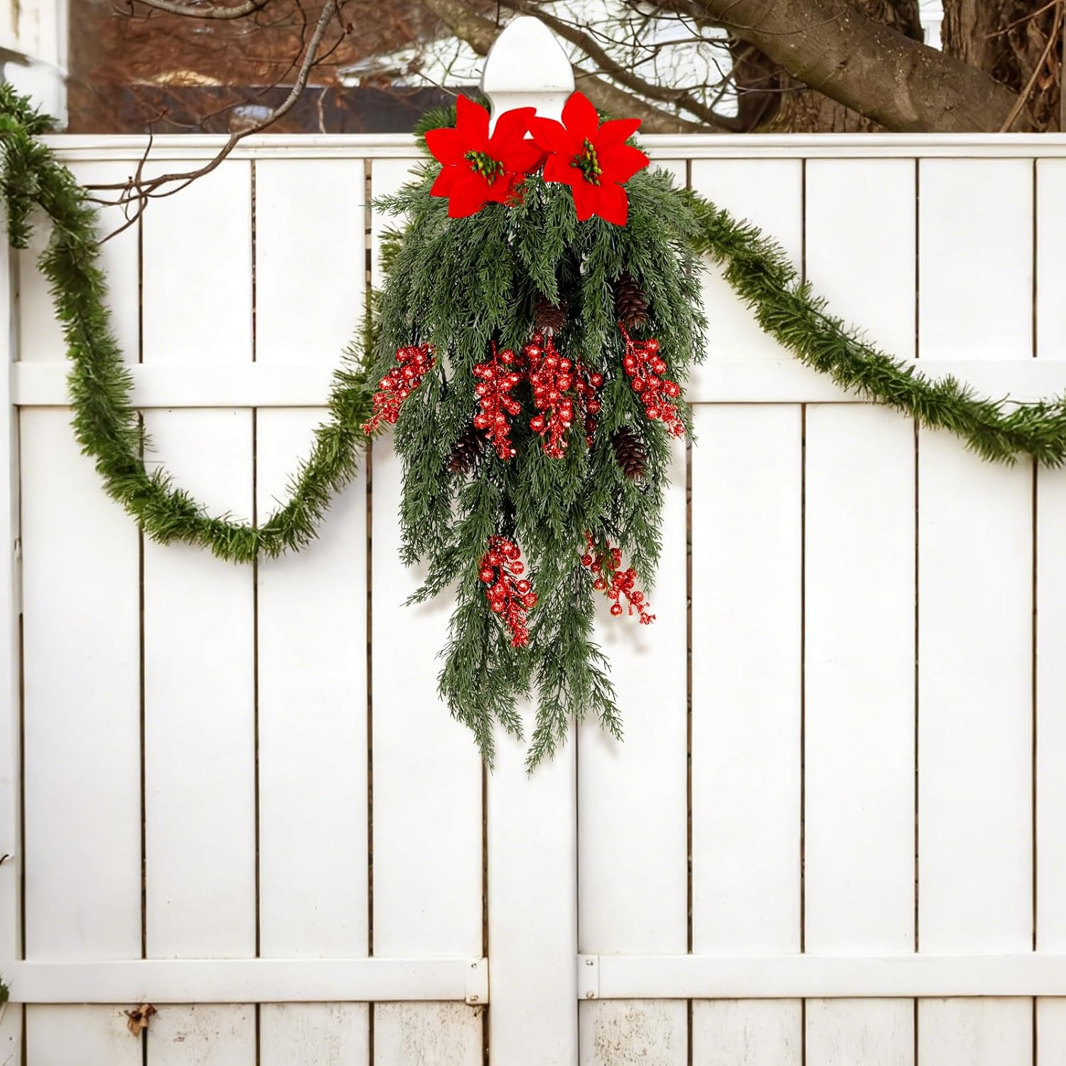 Christmas Decorations Artificial Plants with Poinsettias Artificial Christmas Flowers Berry Pinecone Greenery Stems Front Door/Fireplace Hanging Decoration for Winter Home Holiday Wall (2pc-Red)