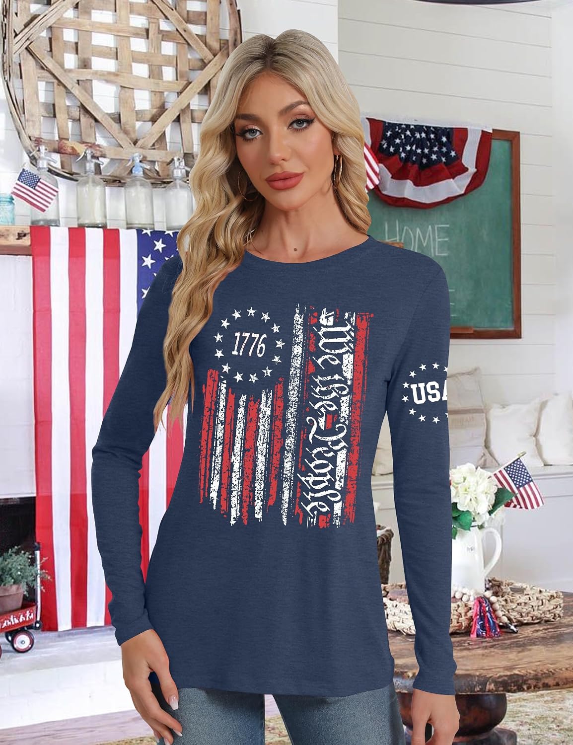 LAZYCHILD 4th of July Shirts for Women: Fourth of July T-Shirt USA American Flag Long Sleeve Patriotic Tops
