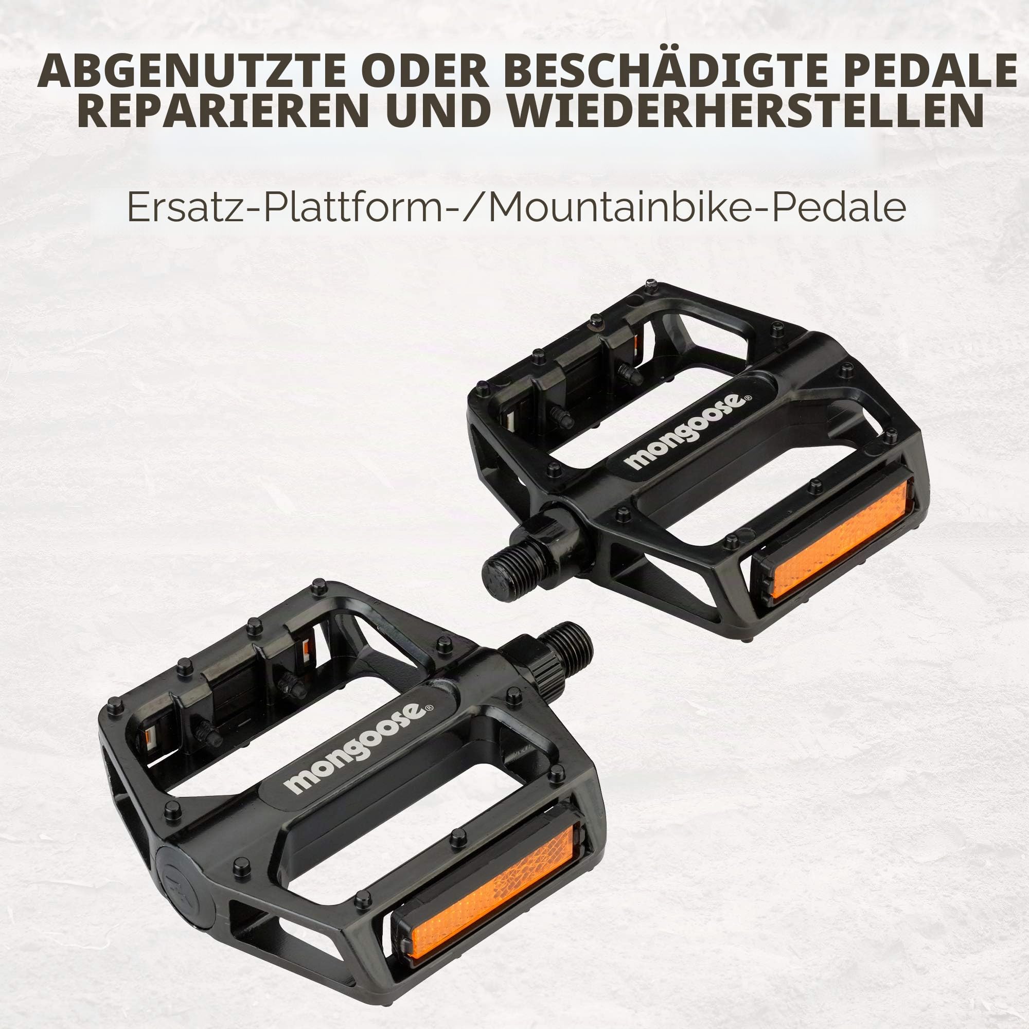 Mongoose Mountainbike-Pedale für Erwachsene, 1,27 cm und 9/16 Zoll Adapter, langlebige Legierung, Fahrrad-Plattformpedal, Refective Strips, MTB-Fahrradzubehör