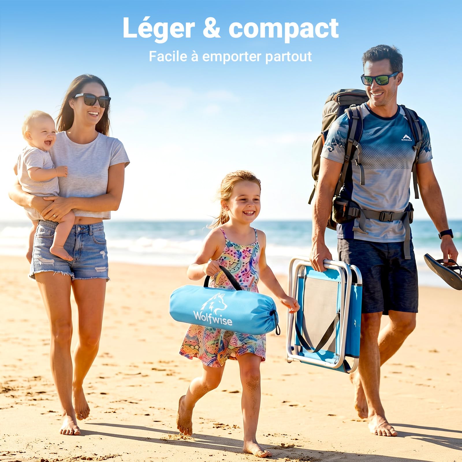 Wolfwise Tente de Plage UPF 50+ pour Famille, Abri Solaire Anti-UV avec 3 Fenêtres Ventilées, Plancher Extensible et Sac de Transport, Capacité 4 Personnes, Bleu