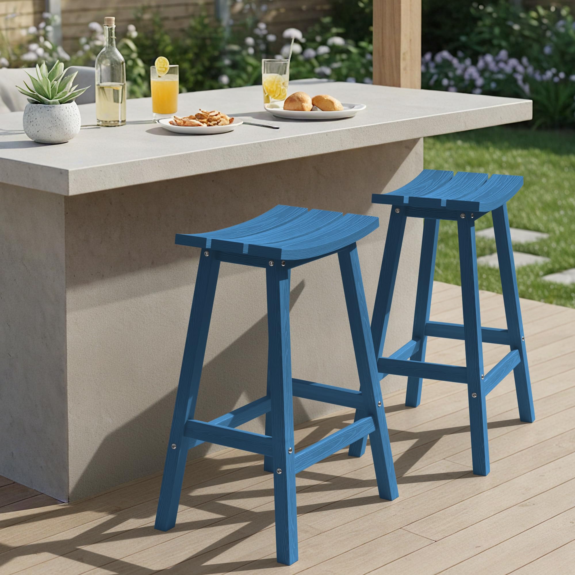 Ciokea 29" Outdoor Bar Height Stools Set of 2, HDPE Tall Seats, Navy Blue