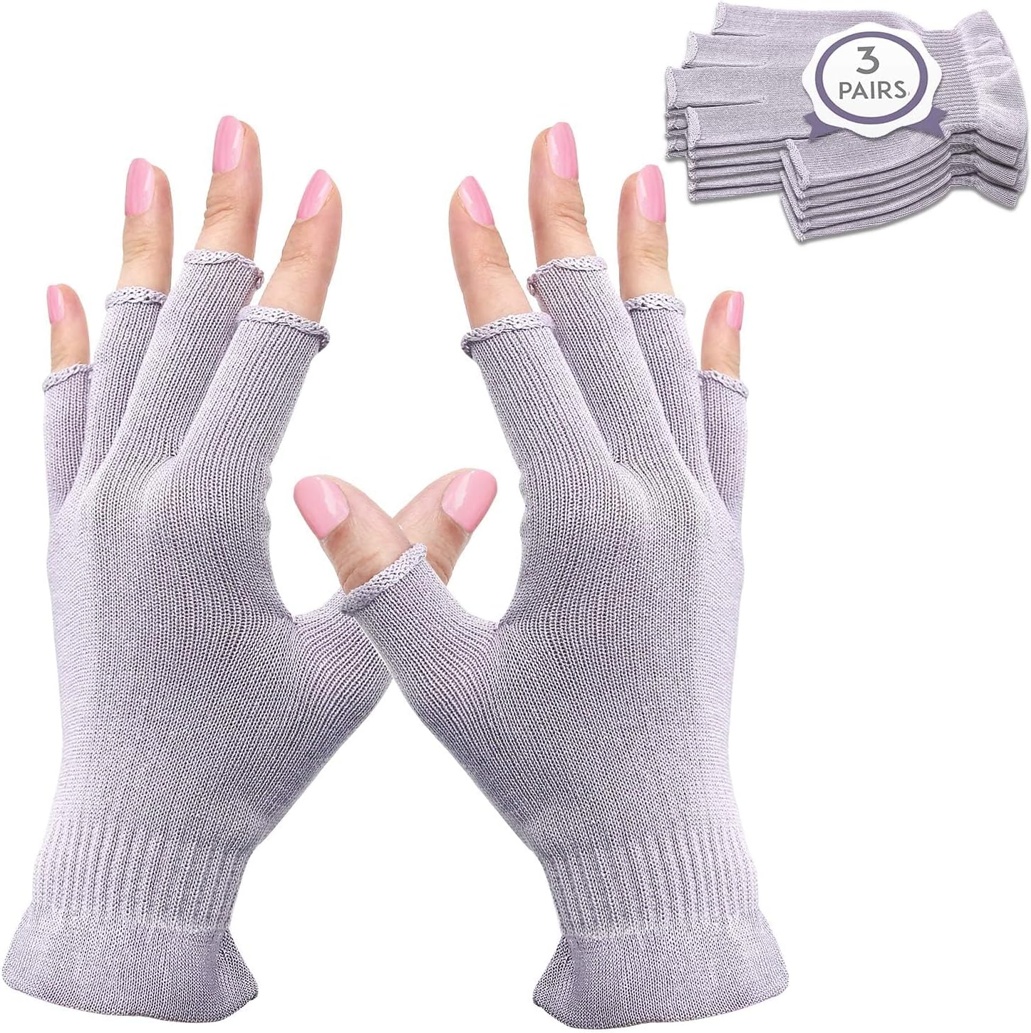 3 Pairs Fingerless Moisturizing Gloves, Half Finger Touchscreen Beauty Glove for Eczema, SPA, Dry Hands, Skin Treatment, Summer Sun UV Protection, Pale Purple S/M