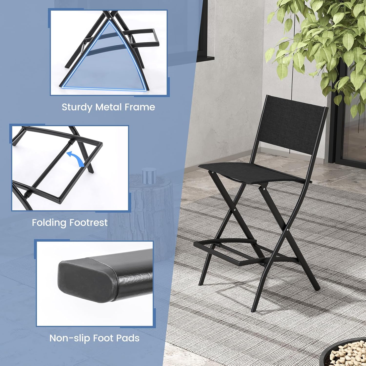 Tangkula Outdoor Barstools Set of 2, Counter Height Folding Bar Chairs with Back and Footrest, Versatile Patio Dining Chairs with Breathable Fabric & Heavy-Duty Metal Frame (2, Black)