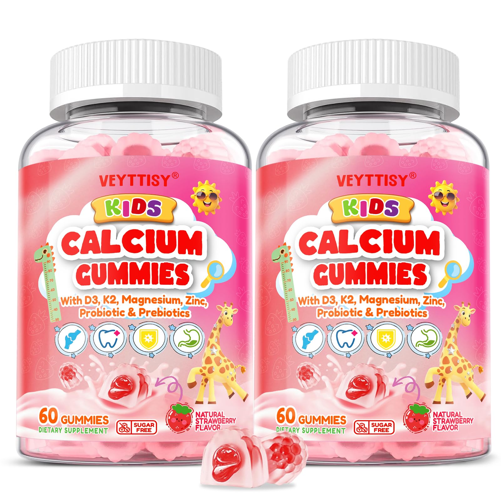 Kids Calcium Gummies with D3 & Magnesium for 4+: Sugar Free Calcium Citrate with Vitamin D3, K2, Zinc, Probiotics & Prebiotics for Kids - Gluten Free, Vegan, Natural Strawberry Flavor Strawberry 60 Count (Pack of 2)