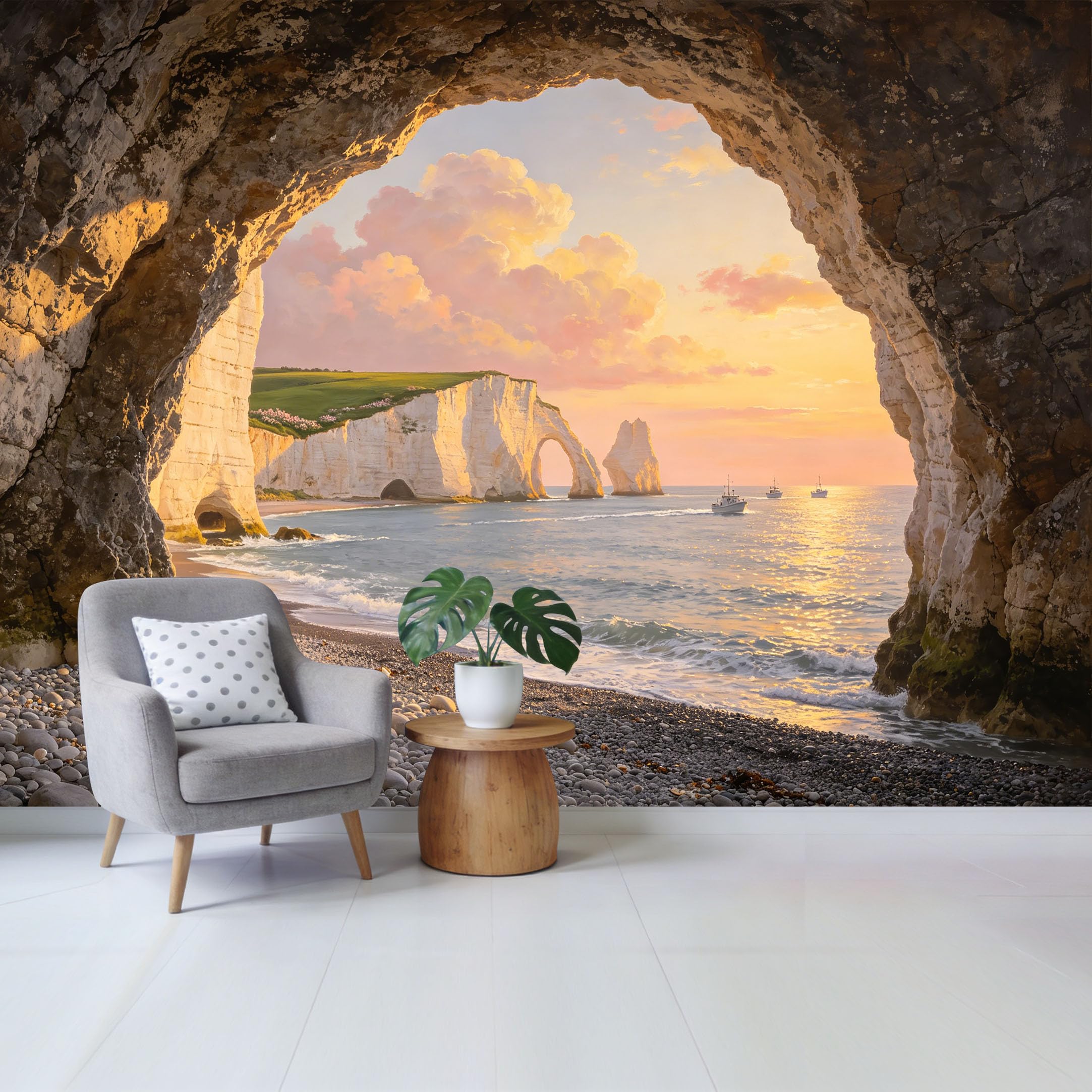 Custom Size Wall Mural Coastal Sunset Cliff Arch Ocean Landscape Removable Self Adhesive Fabric Home Wall Decor for Living Room Bedroom Bathroom