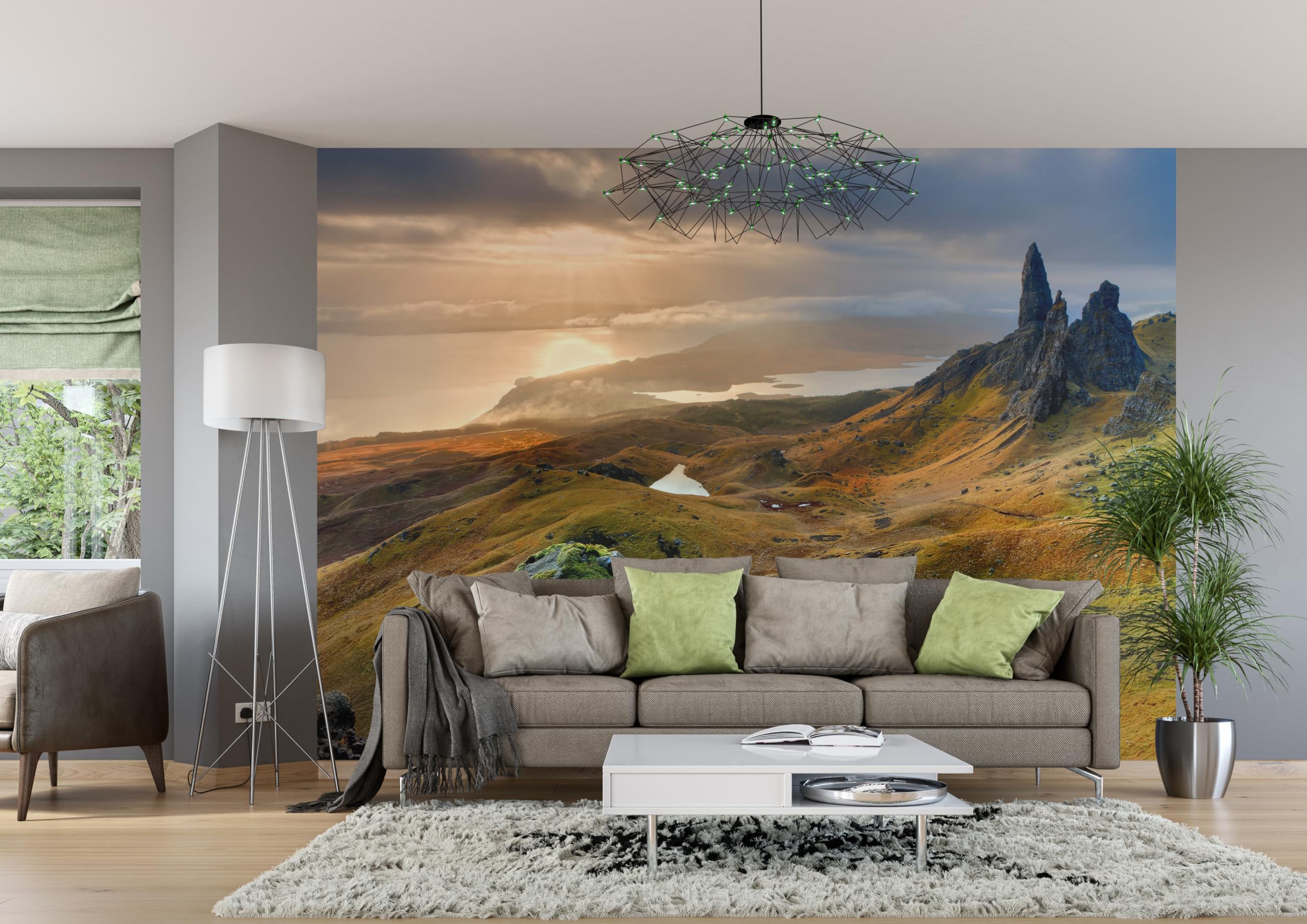 Rasch Tapete 862416 - Fototapete auf Vlies mit Blick auf eine Landschaft in Grün, Grau und Orange aus der Kollektion Magicwalls - 2,65 m x 3,71 m (LxB)