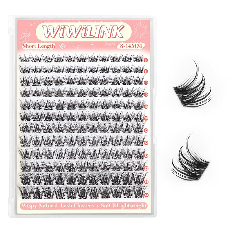 Cílios postiços em tufos WiWiLINK 132 unidades, curvatura CC, comprimentos de 8 a 14 mm, faixa transparente de 0,03 mm, modelo Lash-Wispy