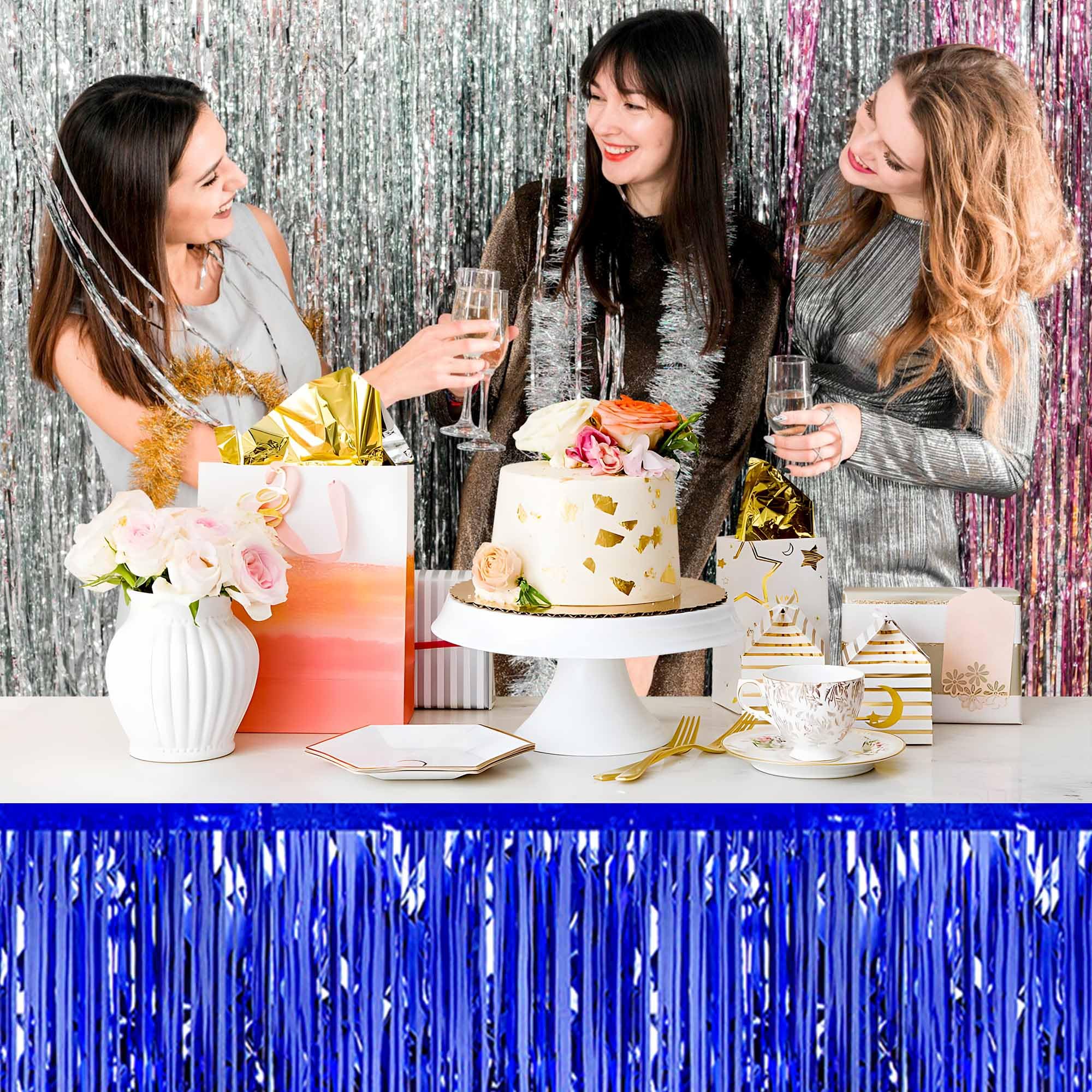 Lot De 2 Guirlandes Jupe Table Franges Métalliques Bleues 2,7m X 7,4m - Décoration Fête Mariage Anniversaire