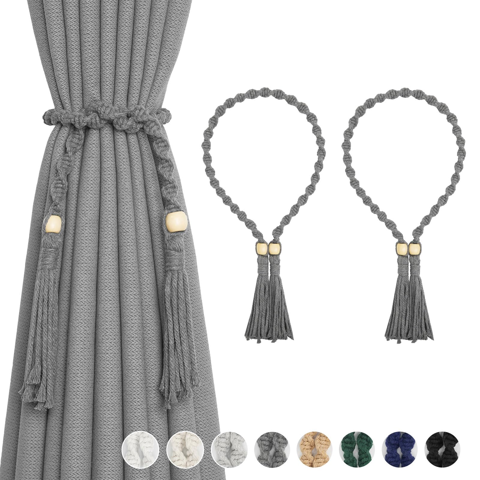 Pretty Jolly 2 Pack Natural Cotton Rope Curtain Tiebacks Boho Rustic Style Decorative Drape Tie Backs Spiral Braided Rope Curtain Holdbacks for Thin or Thick Home Office Window Draperies (Dark Grey)