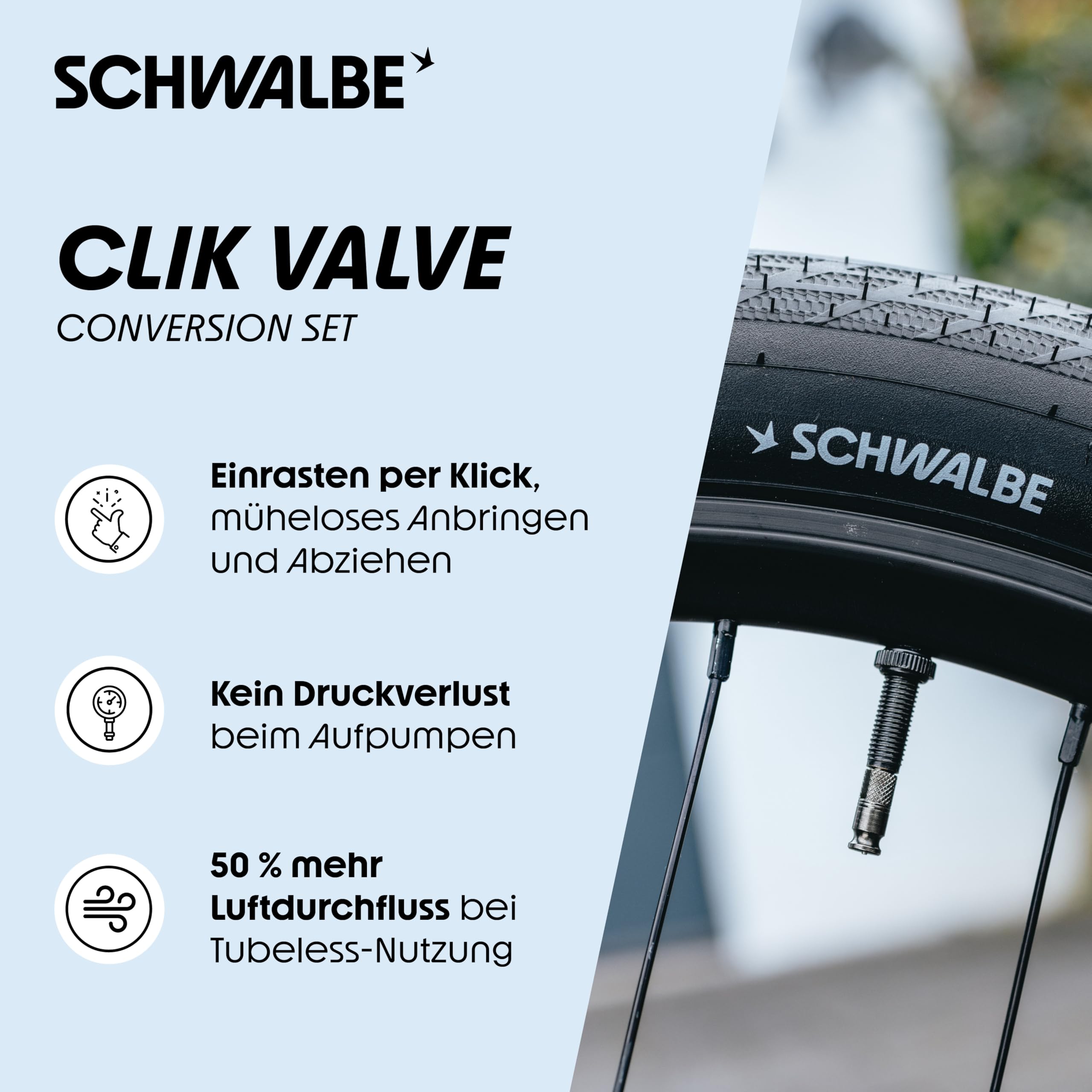 Schwalbe Clik Valve Conversion Set - Presta/SV Valve Conversion Kit - Innovation for Inflating Bicycle Tyres
