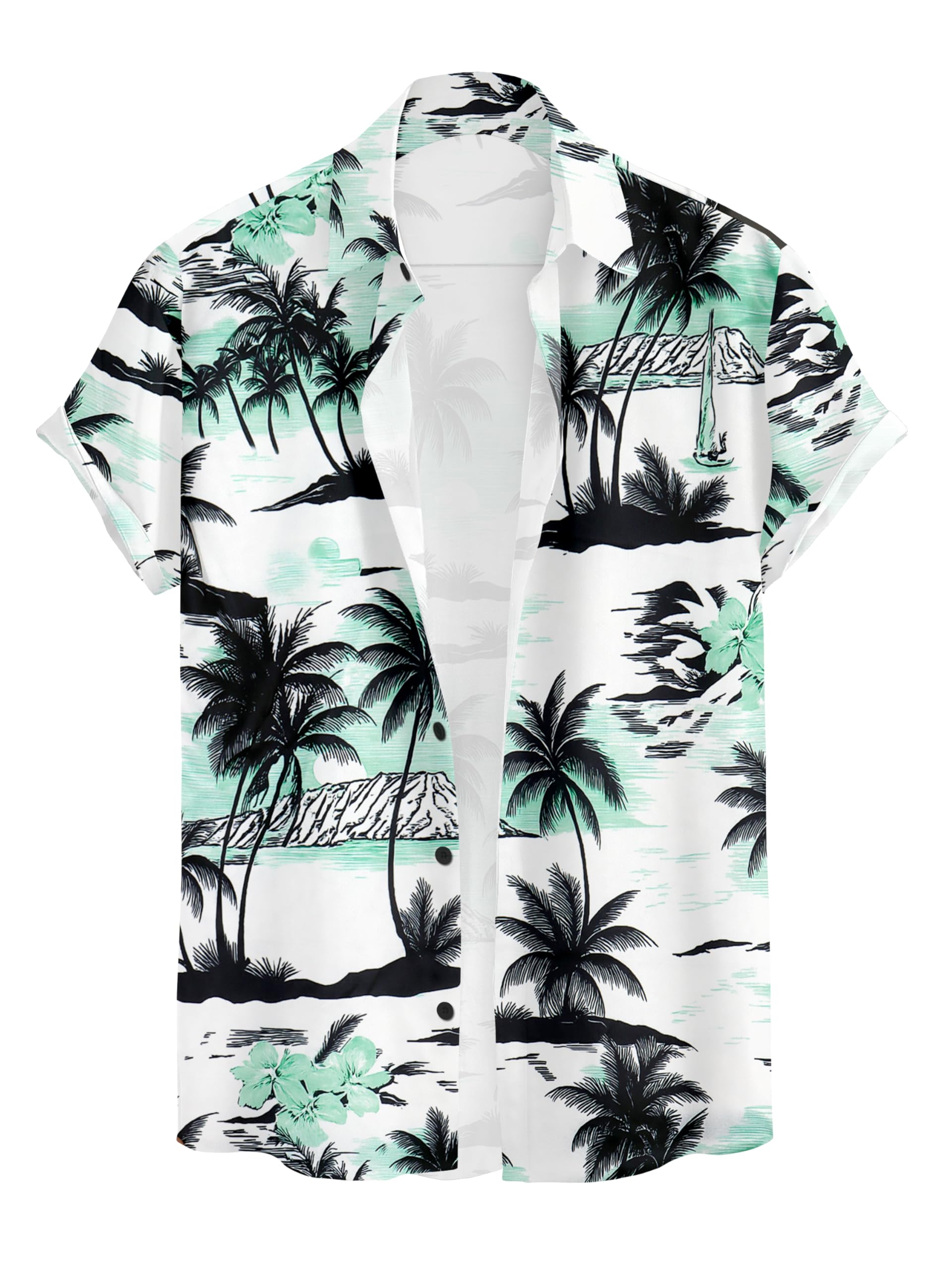 Hawaiian Button Down Shirt, Musical Notes and Palm Trees Print, White with Red and Black Design, Short Sleeve, Tropical Beach Style (in, Alpha, M, Regular, Multi)