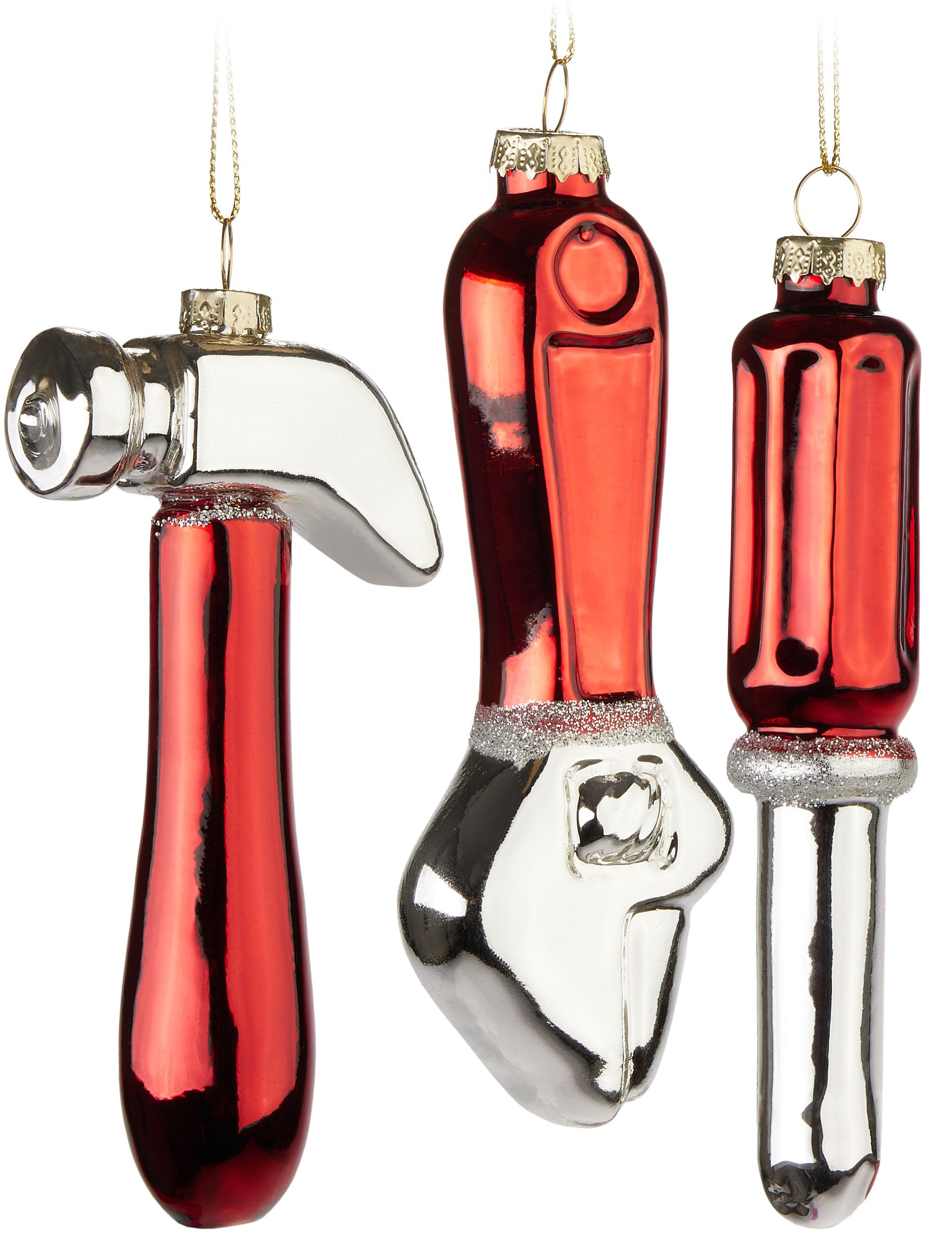 BRUBAKER Tool Set - Set of 3 Glass Christmas Baubles - Screwdriver, Hammer and Wrench - 12 cm Tool Tree Baubles for Craftsmen - Mouth-Blown and Hand-Painted - Red