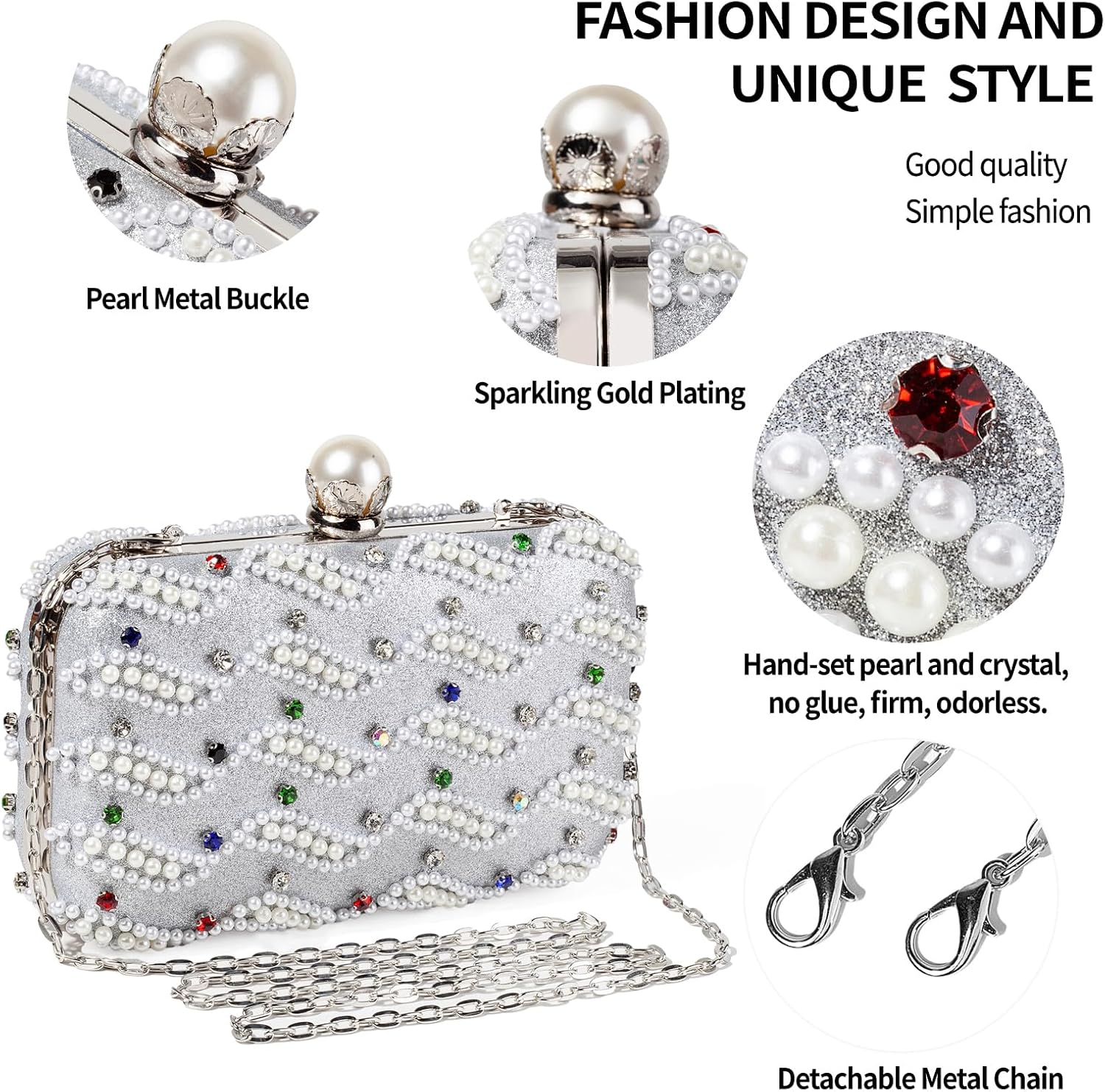 Rhinestone Evening Clutch for Women - No Glue Odor, Shimmering Formal Handbag with Detachable Chainfor Wedding, Prom, Party | 4-in-1 wearing, Double sided pearls, Handmade inlay