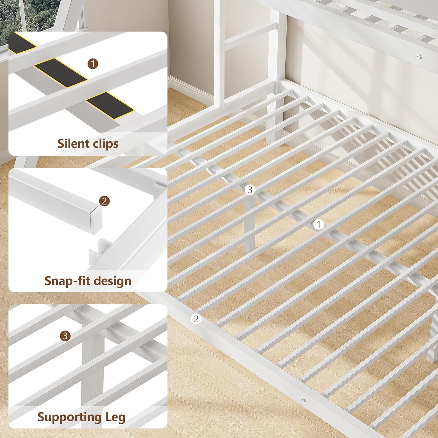 Feonase Bunk Beds Twin Over Full Size, Heavy Duty Metal Bunk Beds with Safety Guardrail & Ladders, Steel Loft Bed Frame for Teens and Adults, Apartment or Dorm, Noise Free & Easy Assembly, White