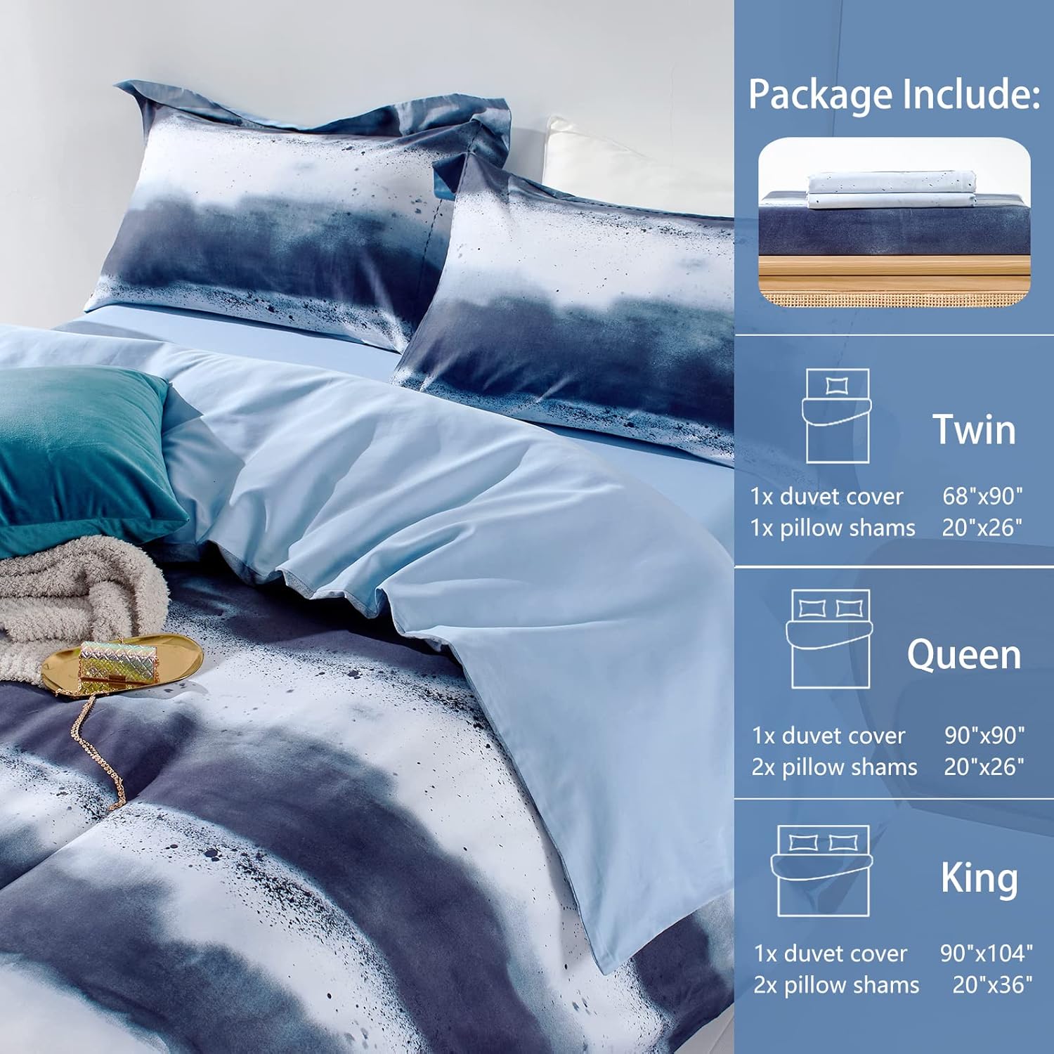 MILDLY 100% Long-Staple Cotton Duvet Cover Set Navy & White Striped Watercolor Pattern Printed Comforter Cover 3pcs, Ultra Soft & Breathable Bedding Set - Image 4