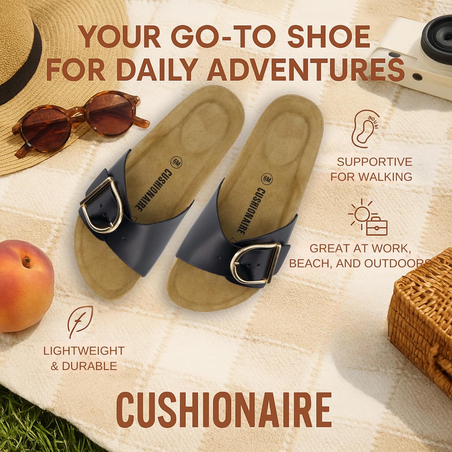 CUSHIONAIRE Leeds Sandals for Women, Slip On Big Buckle Slide Womens Sandals with Memory Foam Footbed, Comfortable Summer Footwear 6.5 Black image 5 of 9 B0FJHFX4K9