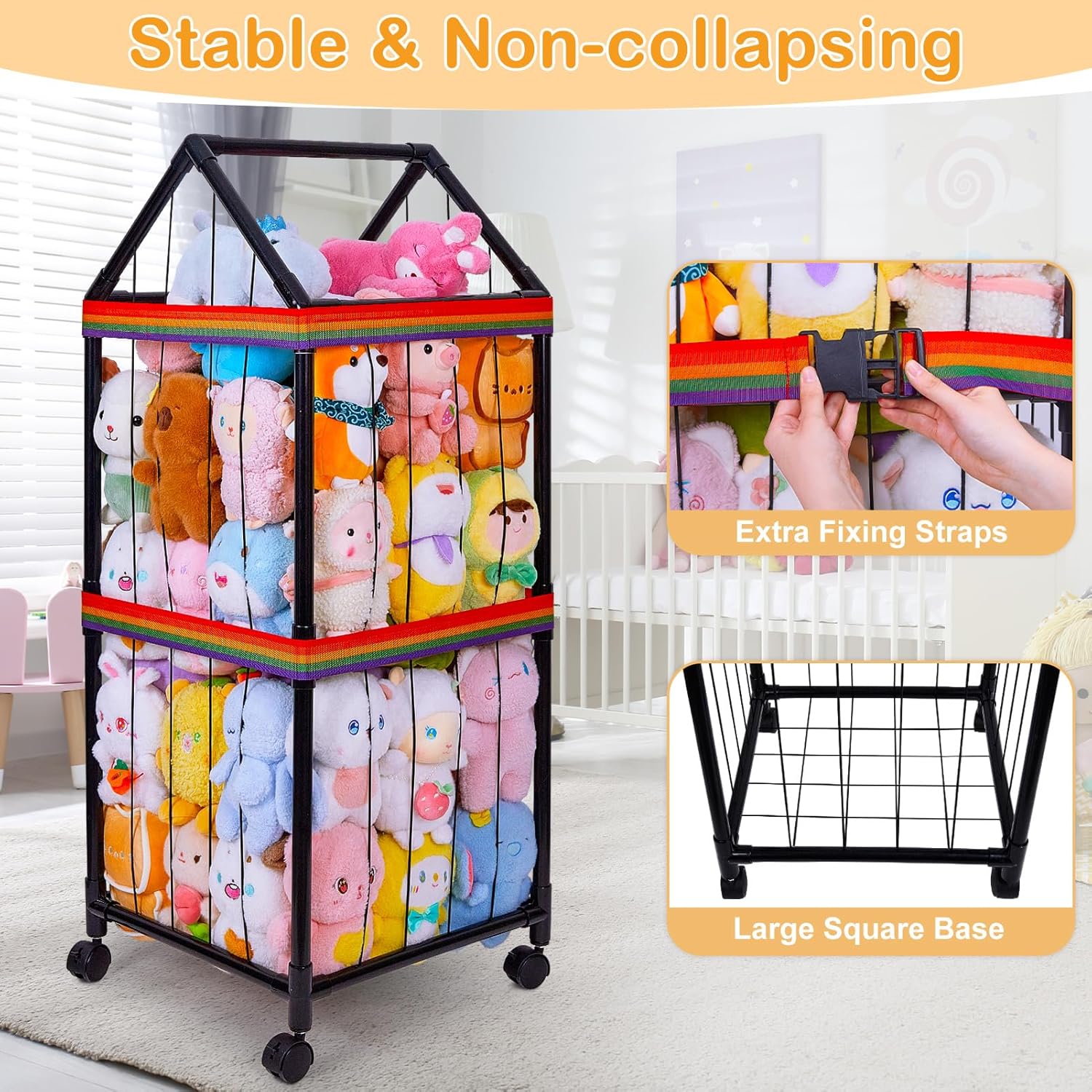 FIOBEE Stuffed Animals Storage Zoo With Wheels 360 Degree Movable Plushies Toy Storage Organizer Large Stuffed Animal Holder Cage With DIY Stickers for Nursery Play Room Kids Room Organization, Black - Image 2