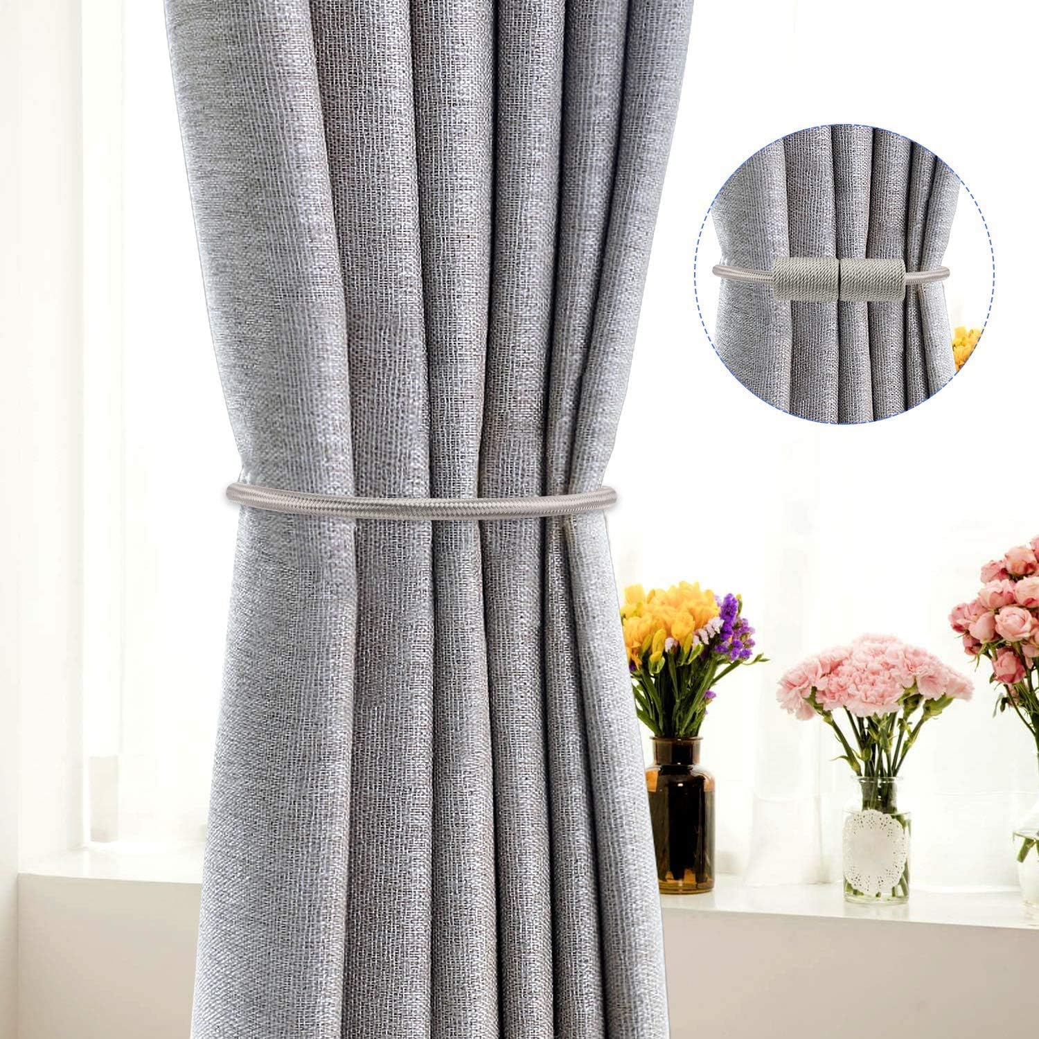 2 Pack Magnetic Curtain Tiebacks, The Most Convenient Drape Tie Backs,European Style Decorative Weave Rope Curtain Holdbacks Holder for Window Sheer Blackout Drapries Office, 16 inch(Silver Grey)