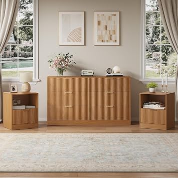 6 Drawer Dresser & 1-Drawer Nightstand Set 3-Piece, Natural Wood55 Wide Bedroom Set Night Stand Set of 2 with Metal Handle, Fluted Wood Chest of Drawers Storage Dressers Set for Bedroom