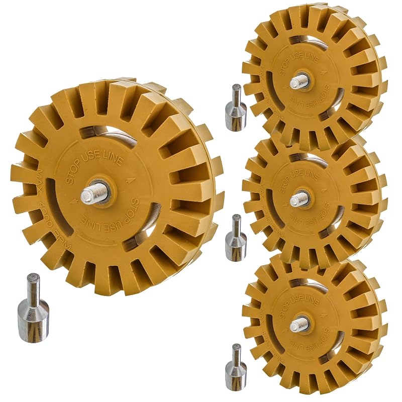 Roda de Borracha para Remoção de Adesivos com Adaptador para Furadeira TCP Global 10,2 cm, Borda Ranhurada, Kit com 4 peças