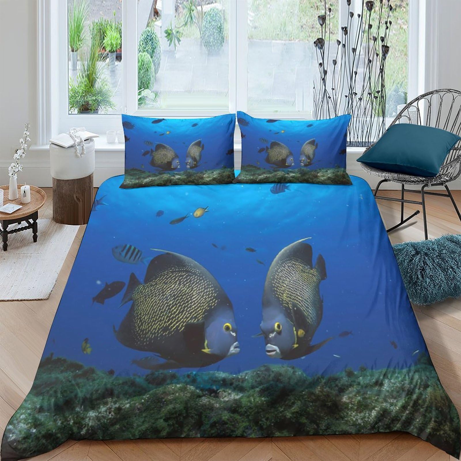 Ctjqhvkz Style-5 3D Printed Ocean Fish Fitted Sheet Microfiber Soft Blue Sea Underwater Mattress Cover For Bedroom Guest Room Decor Single（135X200cm）