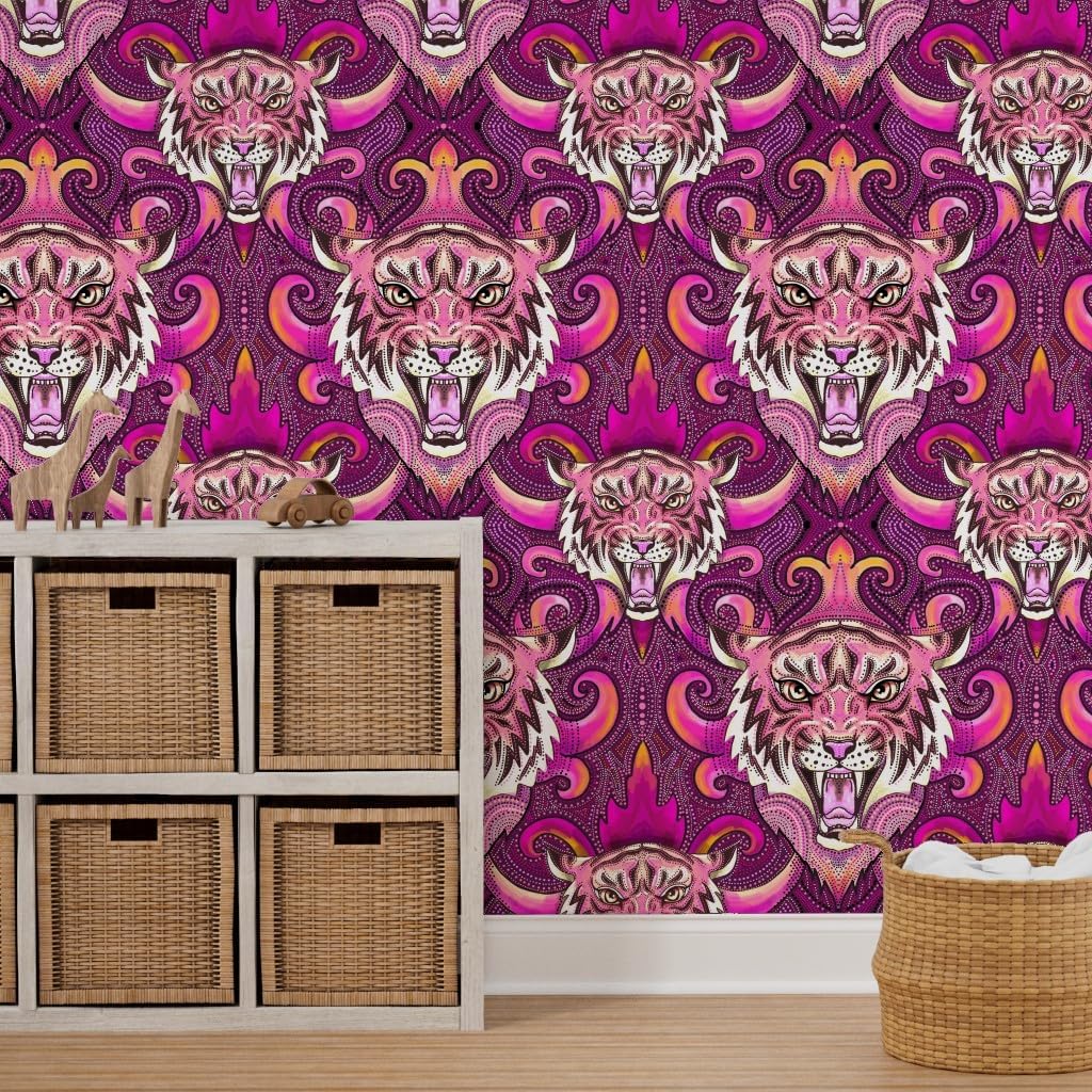 Peel & Stick Wallpaper 3ft x 2ft - Pink Tigers Purple Orange Maximalist XL Jungle Custom Removable Wallpaper by Spoonflower