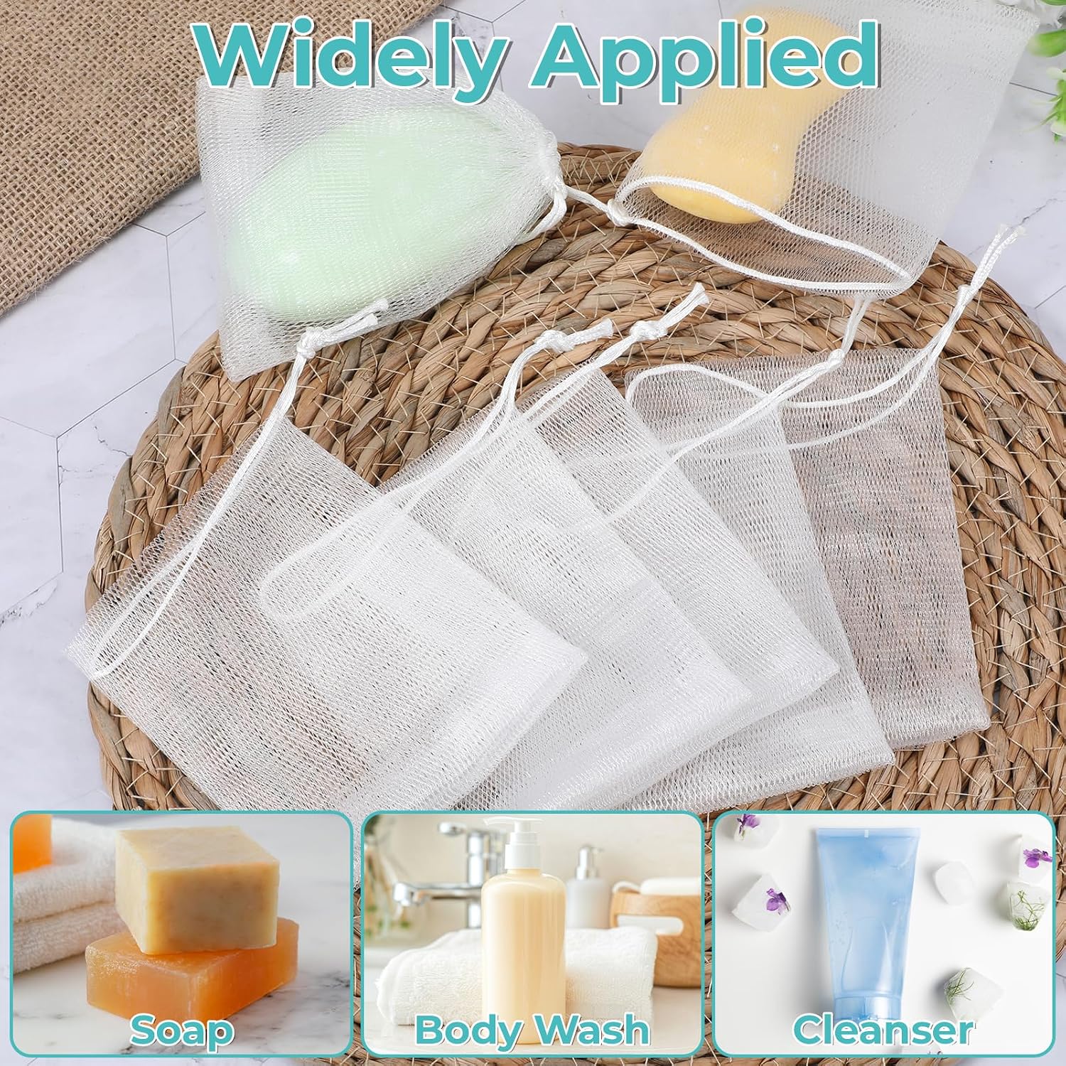 30 Pcs Mesh Bags for Soap, 4.33 x 3.54 Inch Soaps Net with Drawstring, Soaps Mesh Pouch for Bar Soap, Shampoo & Body Wash, White (PE Material, Bath & Shower Essential)
