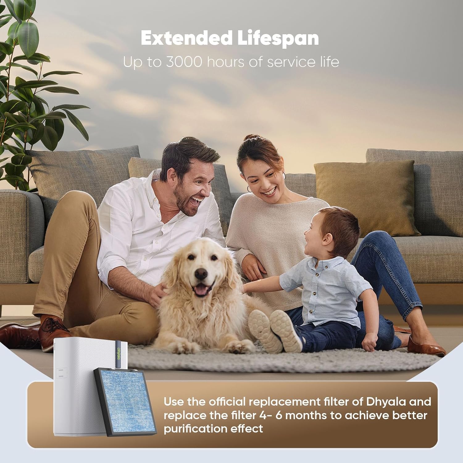 Family with dog and Dhyala air purifier, highlighting filter replacement schedule