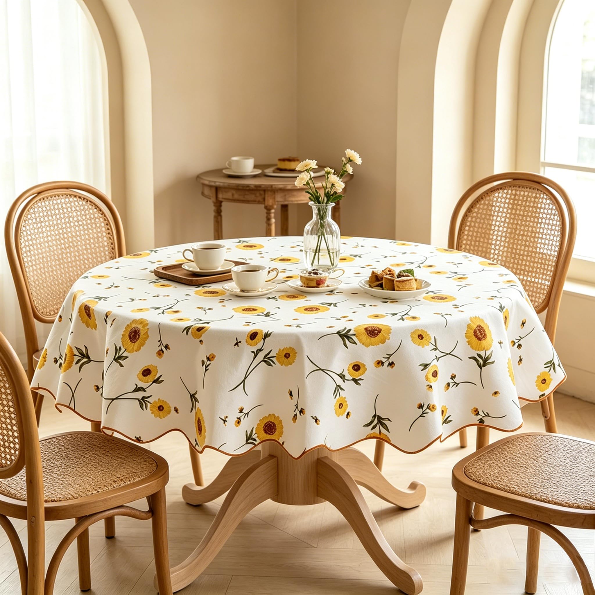Floral Round Tablecloth Wipe Clean 135cm, Waterproof Stain-Resistant