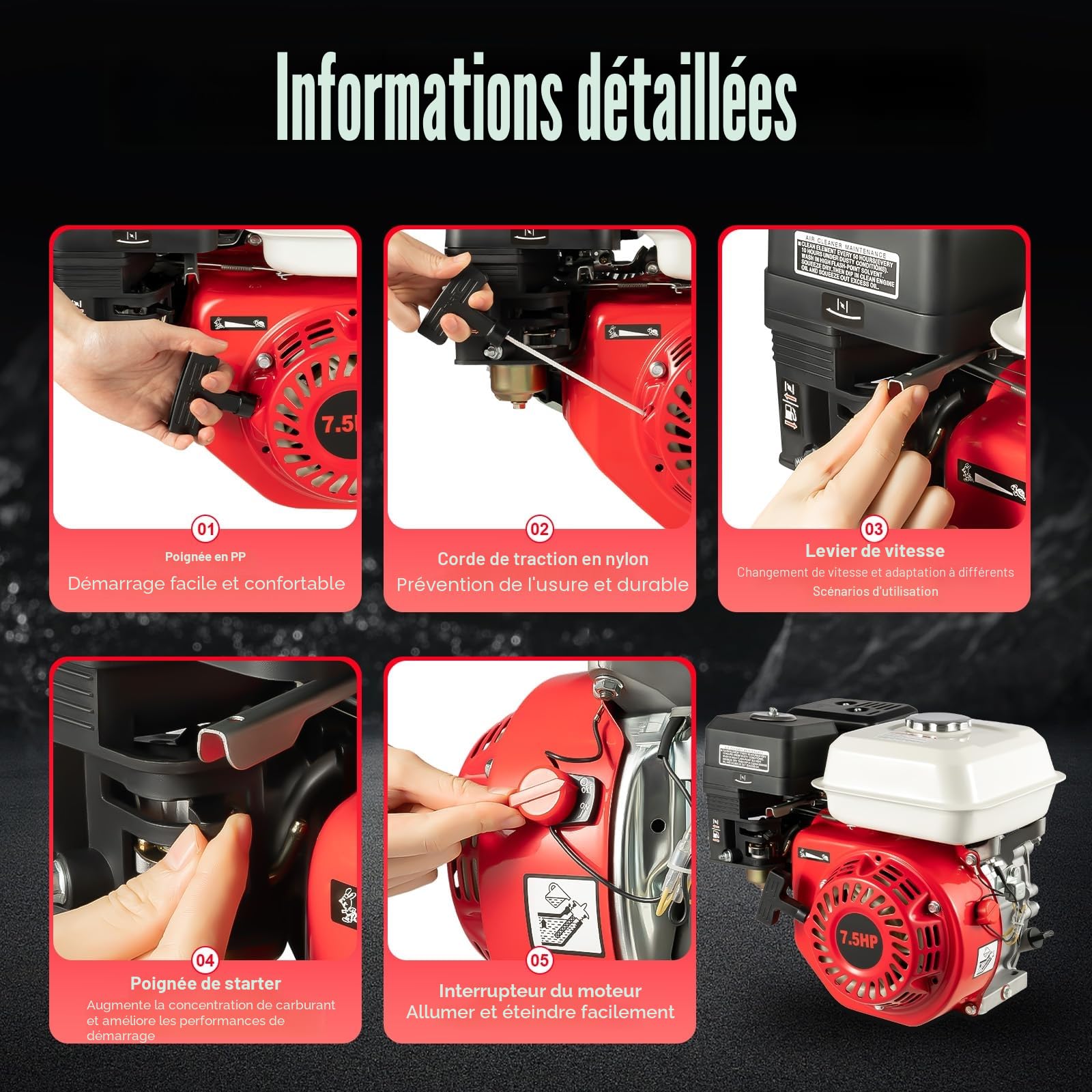 7,5 CV Moteur Thermique 4 Temps Moteur à Essence Moteur Karting - Tondeuse à Gazon - Fraise à Neige - Refroidissement à air