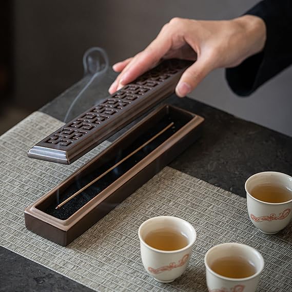 Rectangular Ceramic Incense Burner With Exquisite Lid Incense Stick Holder Stand Ash Catcher Tray Box With Fireproof Layer, Ornamental piece for Home, Office Décor Wooden 30CM