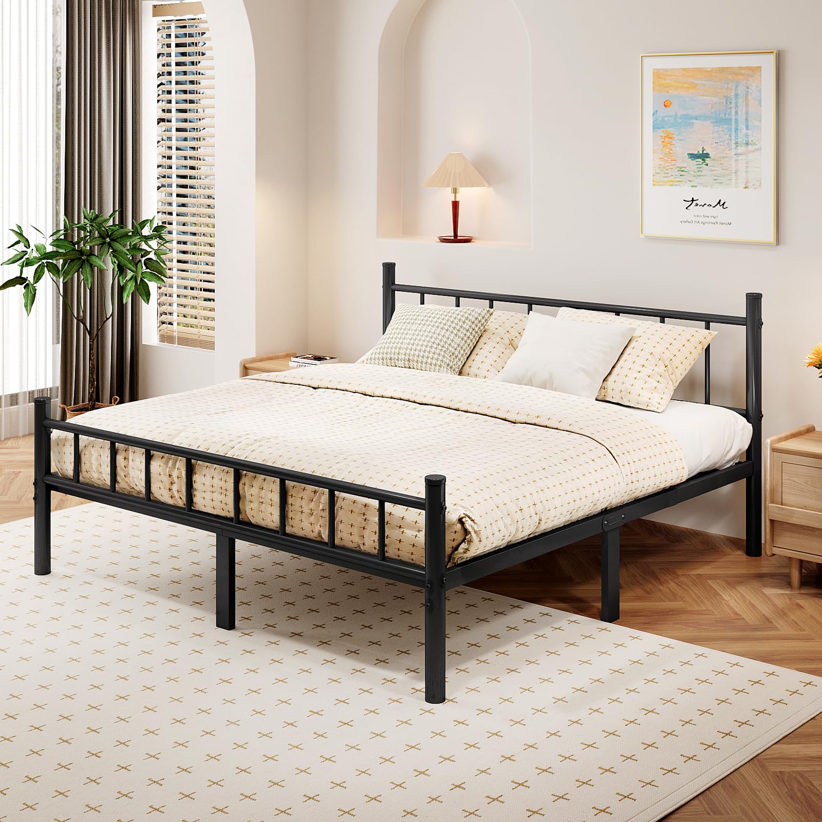 Base de cama de metal tamaño King con cabecera y estribo de 14 pulgadas, plataforma de metal con soporte de colchón con listones de acero, almacenamiento debajo de la cama, no necesita somier 4