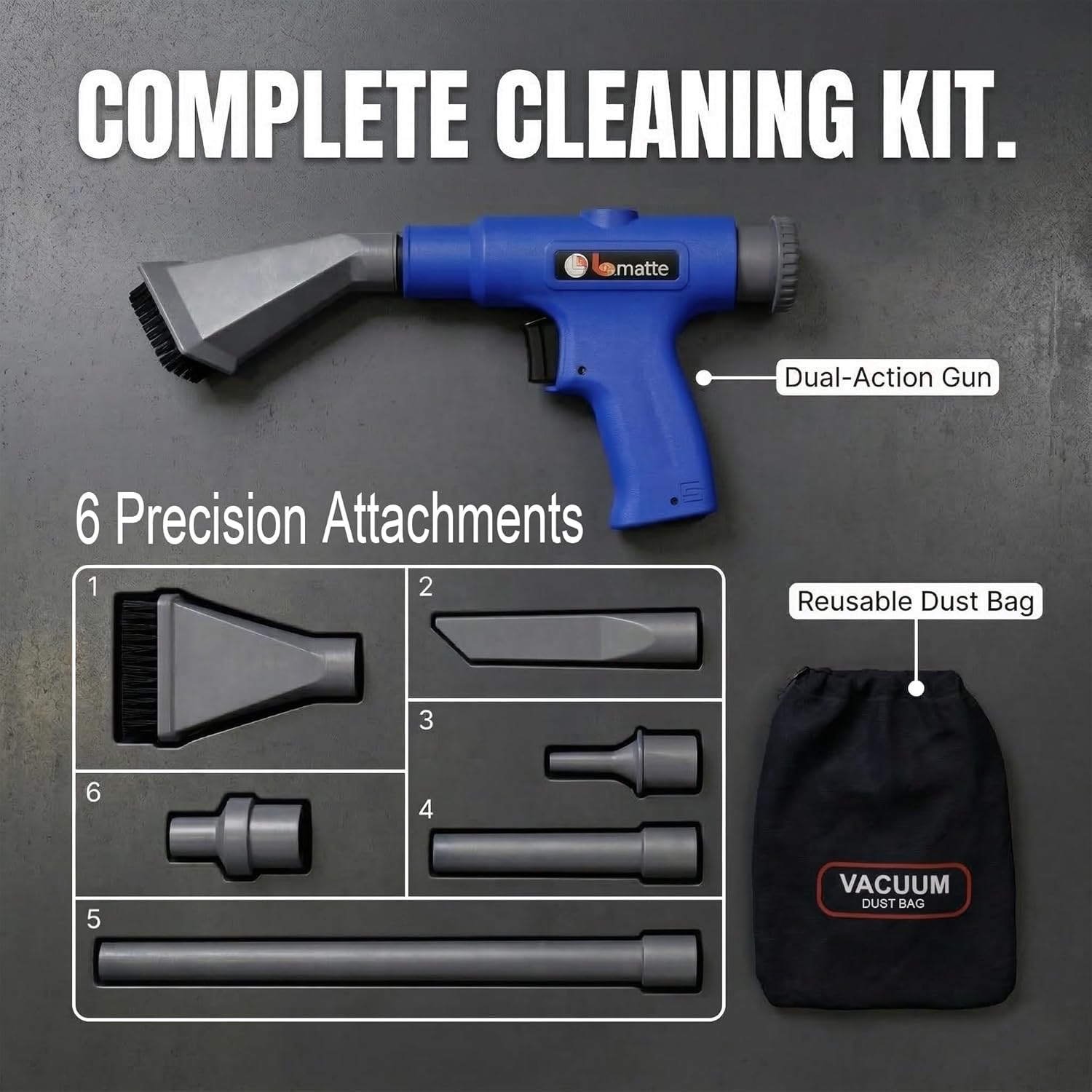 LEMATEC Dual-Action Pneumatic Vacuum & Air Blow Gun with 6 Attachments - 150 PSI Multi-Functional Air Compressor Tool for Automotive & Workshop Cleaning - Vacuum-blower