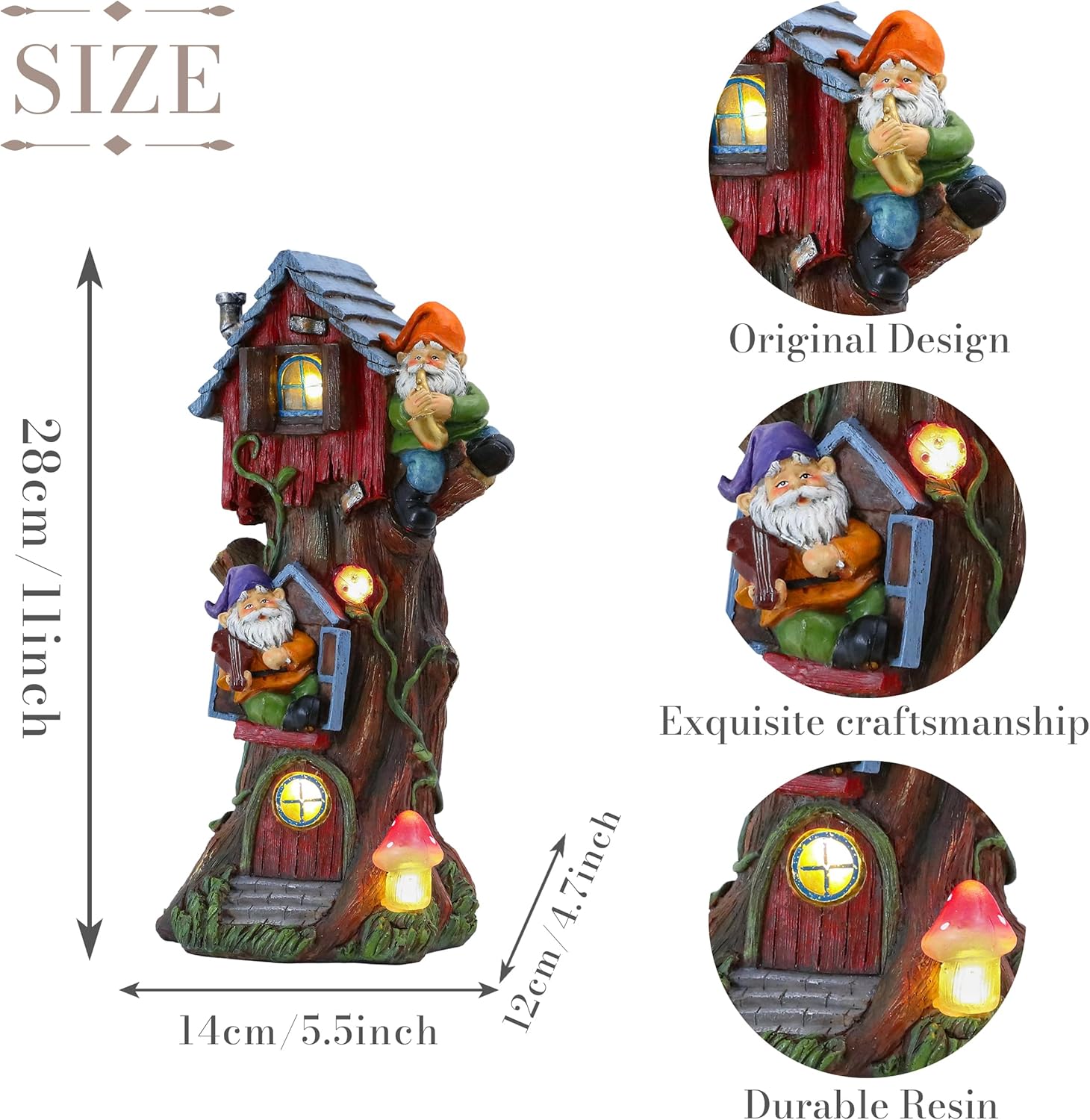 TERESA'S COLLECTIONS 11" Tall Large Garden Statues Gnome Treehouse with Solar Outdoor Light, Dad Gifts for Men,Resin Garden Decor Lawn Ornaments for Patio Yard Decor Gifts for Mom