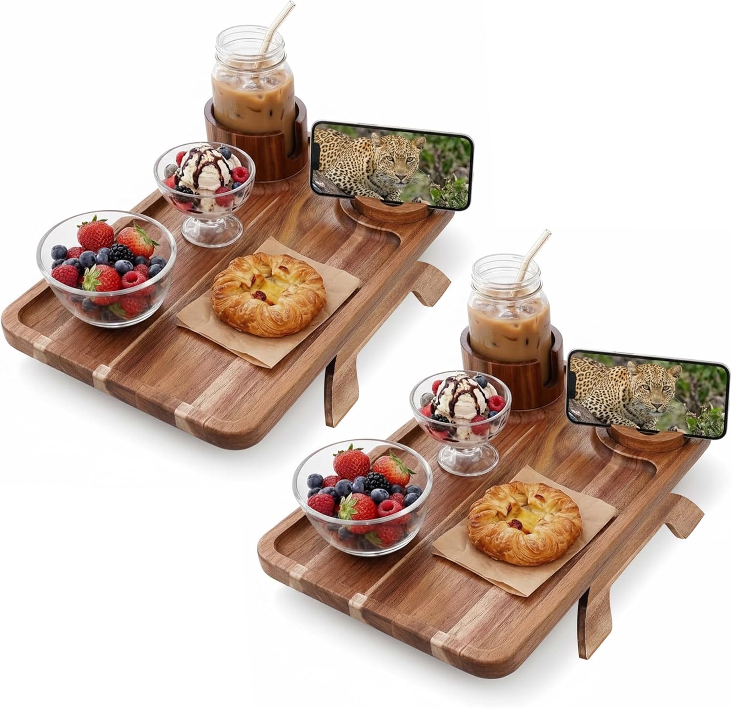 Set of 2 Acacia Wood Couch Cup Holder Trays 10.13” x 15.31” Sofa Armrest Table with Built in Cup Holder Snack Phone Remote Holder Fits Most Couch Arms