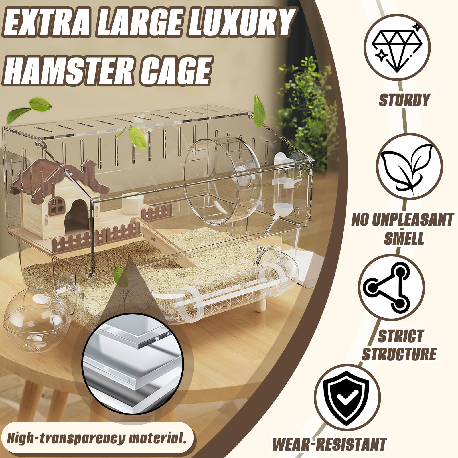 Gabbia per Criceti, 43 x 30 x 34 cm Villa in Acrilico per Criceti a Due Piani con Area di Riposo Ruota per Esercizi Tunnel Bagno Esterno Bollitore e Ciotola per il Cibo per Piccoli Animali