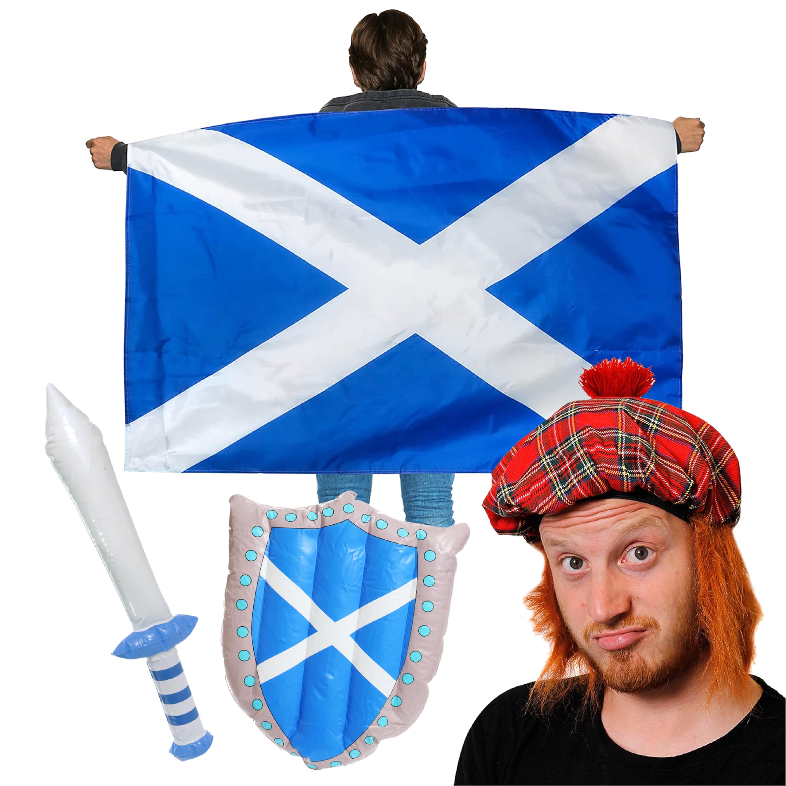 St Andrews Scottish Accessory Set - Wearable Scottish Flag Cape + Tam O'shanter Hat With Attached Hair + Inflatable Scotland Sword and Shield - St Andrews Day Scotland Fancy Dress Accessory Set