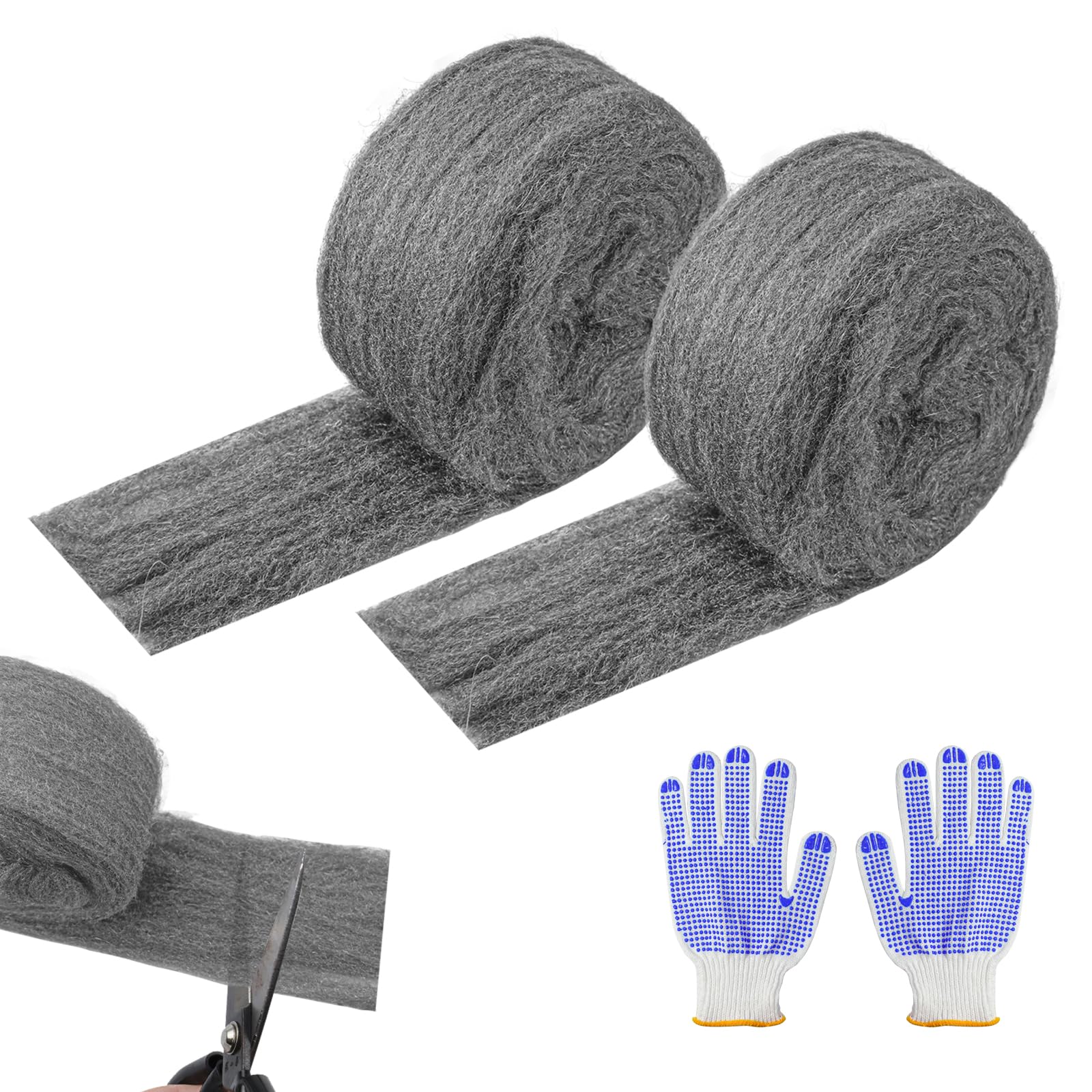 2 Rolls Steel Wool Mice Set of 3 m Stainless Steel Wool with Working Gloves for Anti-Mice, Cracks, Repair, Fine Cleaning, Sanding, Polishing